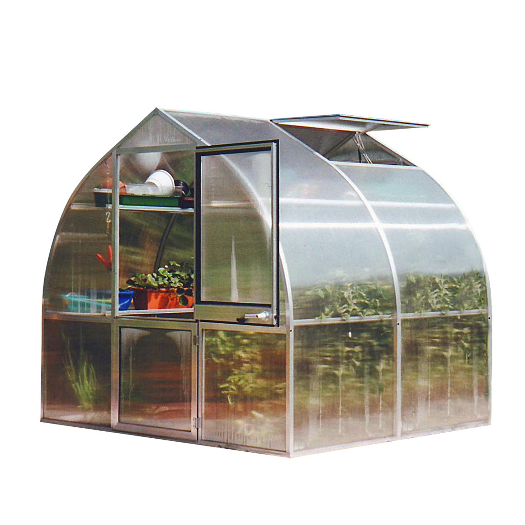 Riga 2s Greenhouse with curved twin-wall polycarbonate panels, roof vent with automatic opener, barn style door, and interior plants visible