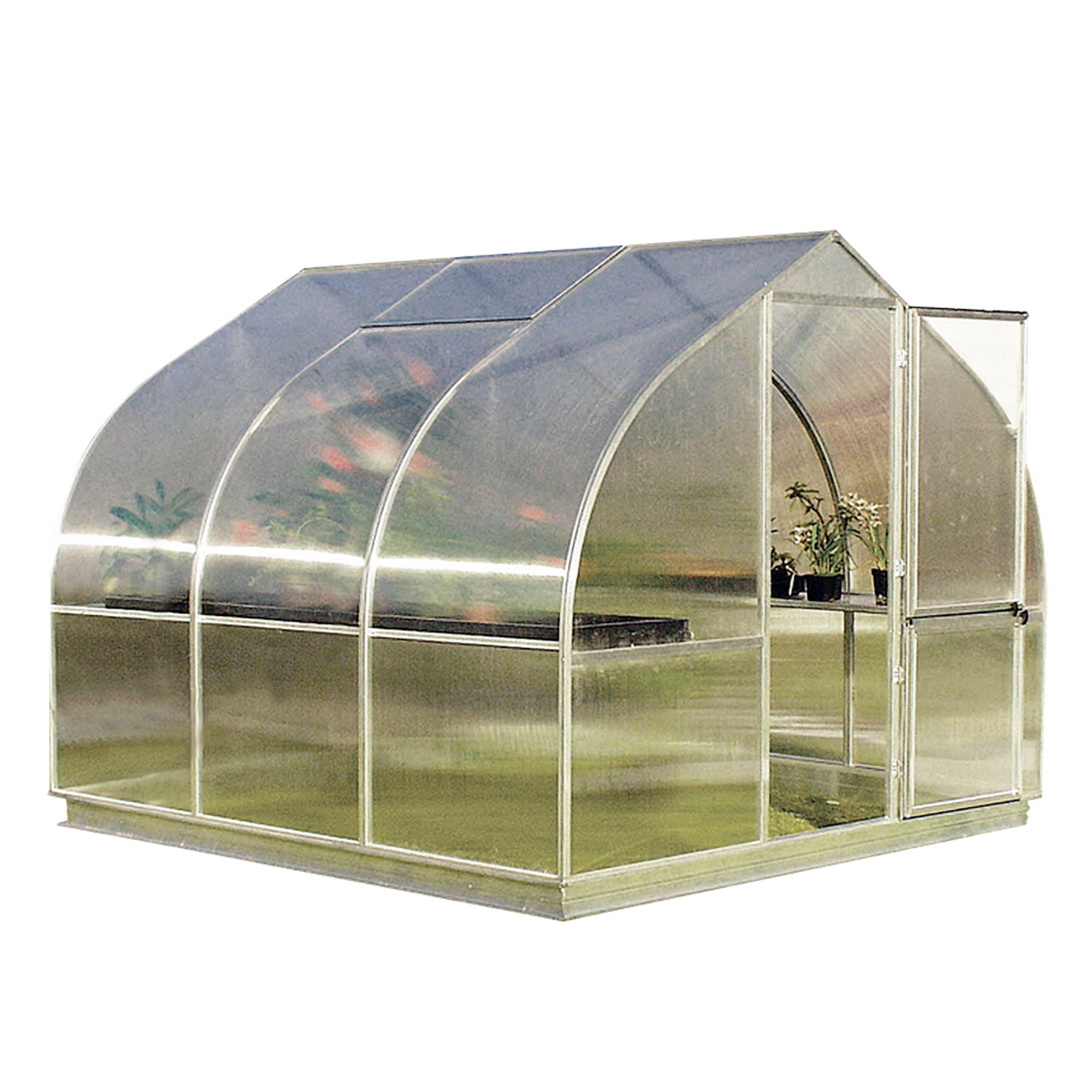Transparent polycarbonate greenhouse with curved roof, automatic roof vent, barn-style door, and interior plants on shelves.
