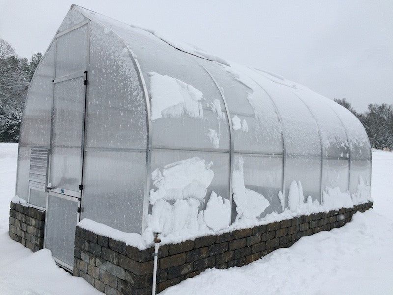 Curved greenhouse with 8mm twin-wall polycarbonate panels, stone base, roof and rear windows, barn-style door, snow-covered outdoor winter setting