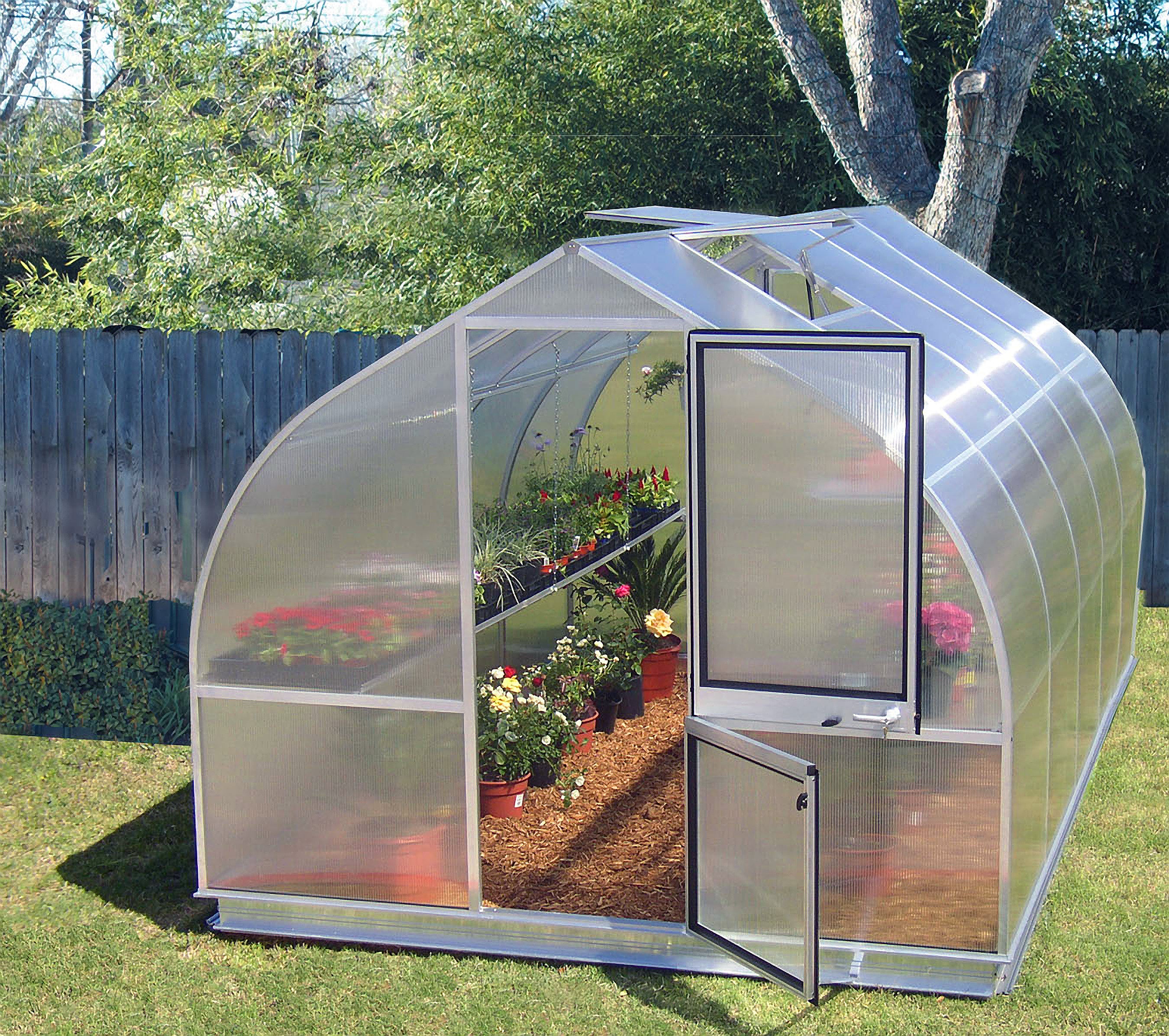 Riga 5 Greenhouse with 8 mm twin-wall polycarbonate panels, barn style door, roof vents, and potted plants inside