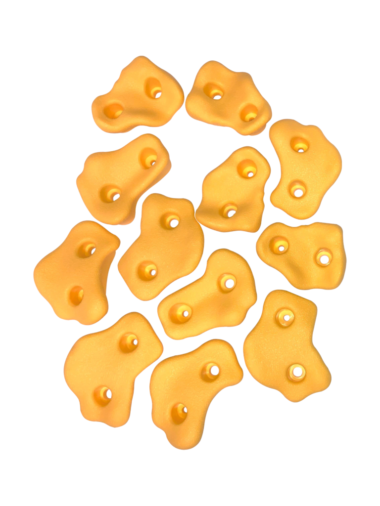 Set of twelve yellow textured plastic climbing rock grips with dual mounting holes in three distinct shapes.