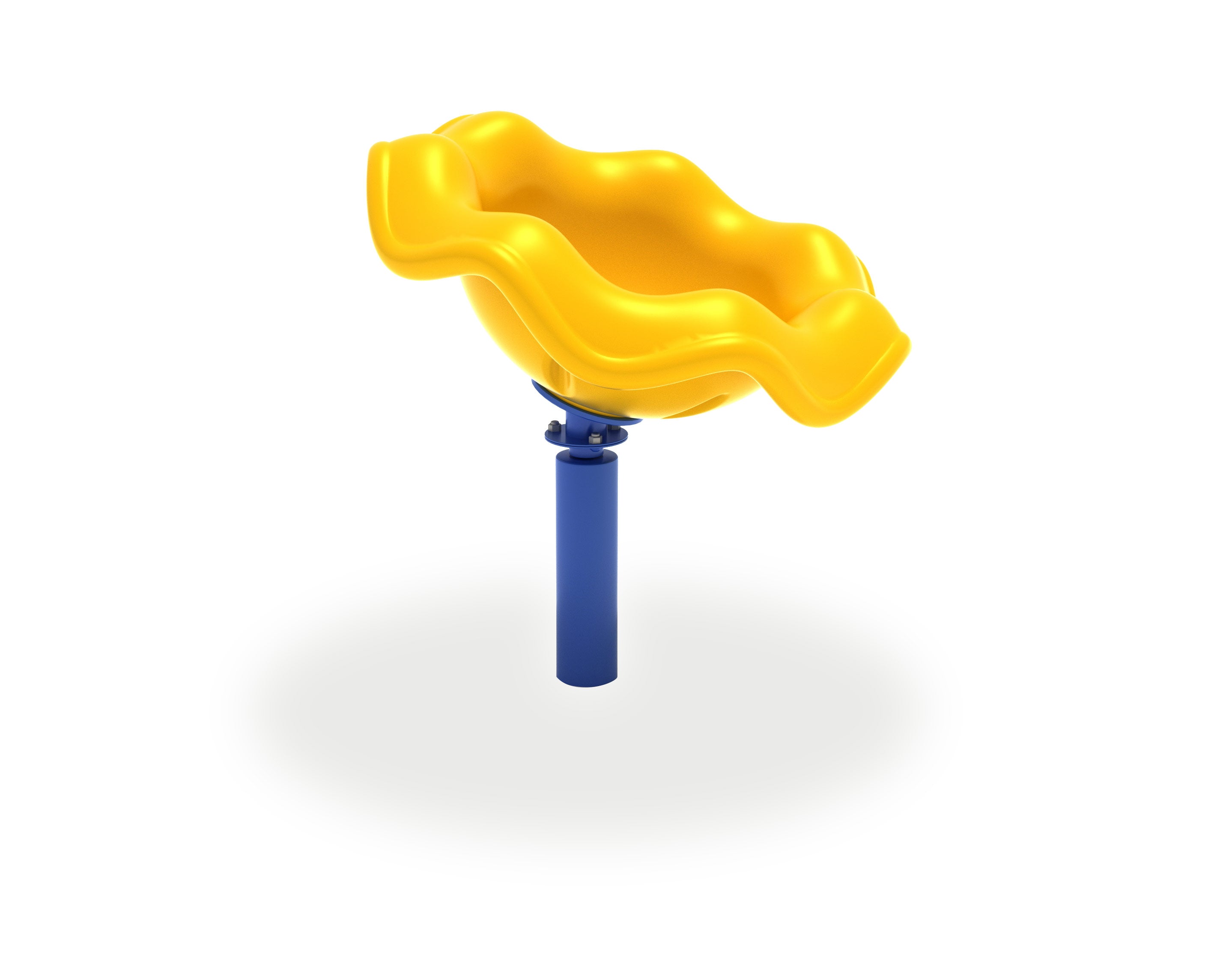 Yellow wavy plastic spinning playground seat mounted on a sturdy blue post for outdoor play areas