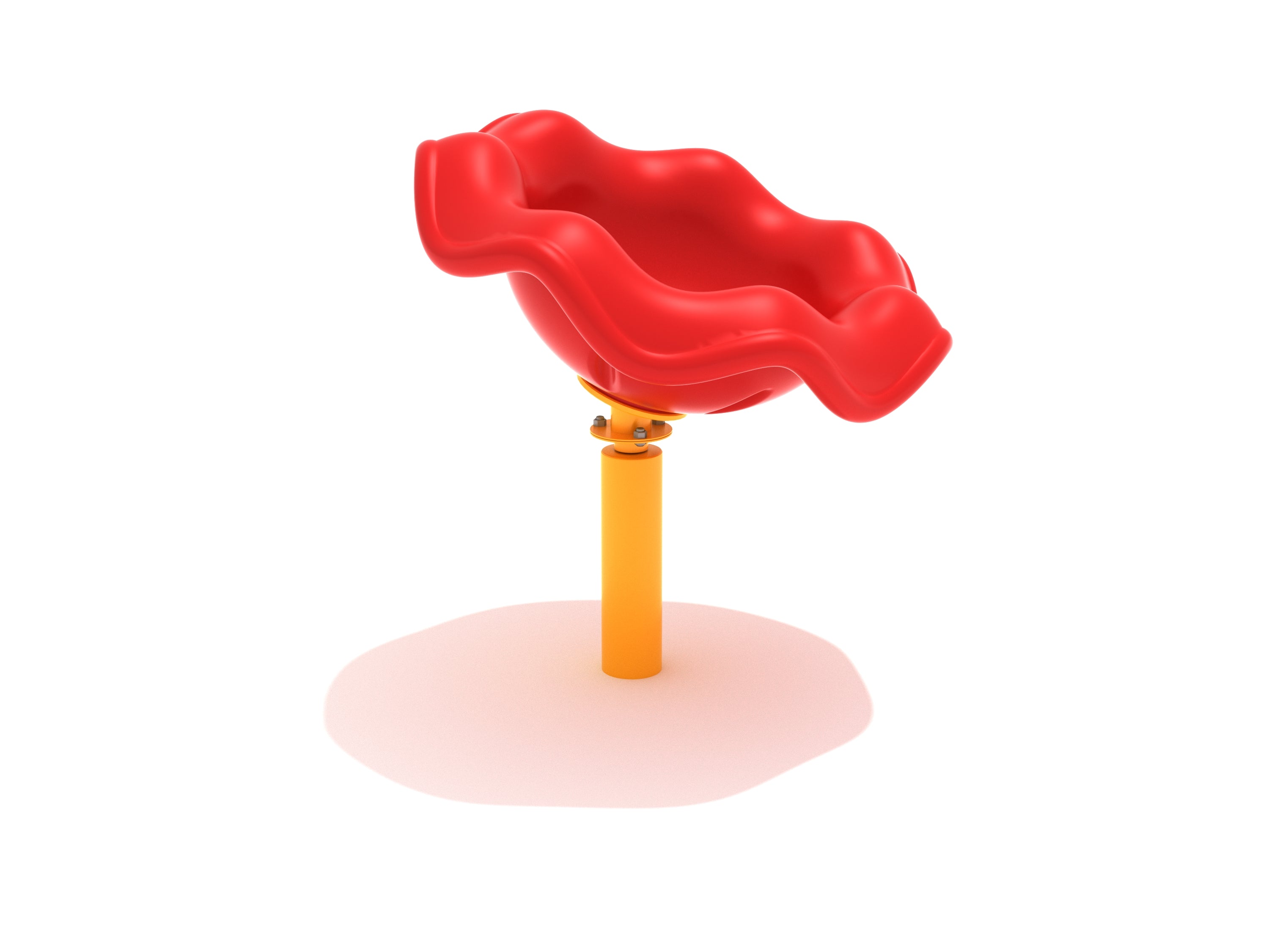 Red wavy plastic spinning seat on a sturdy yellow post playground equipment for active spinning play