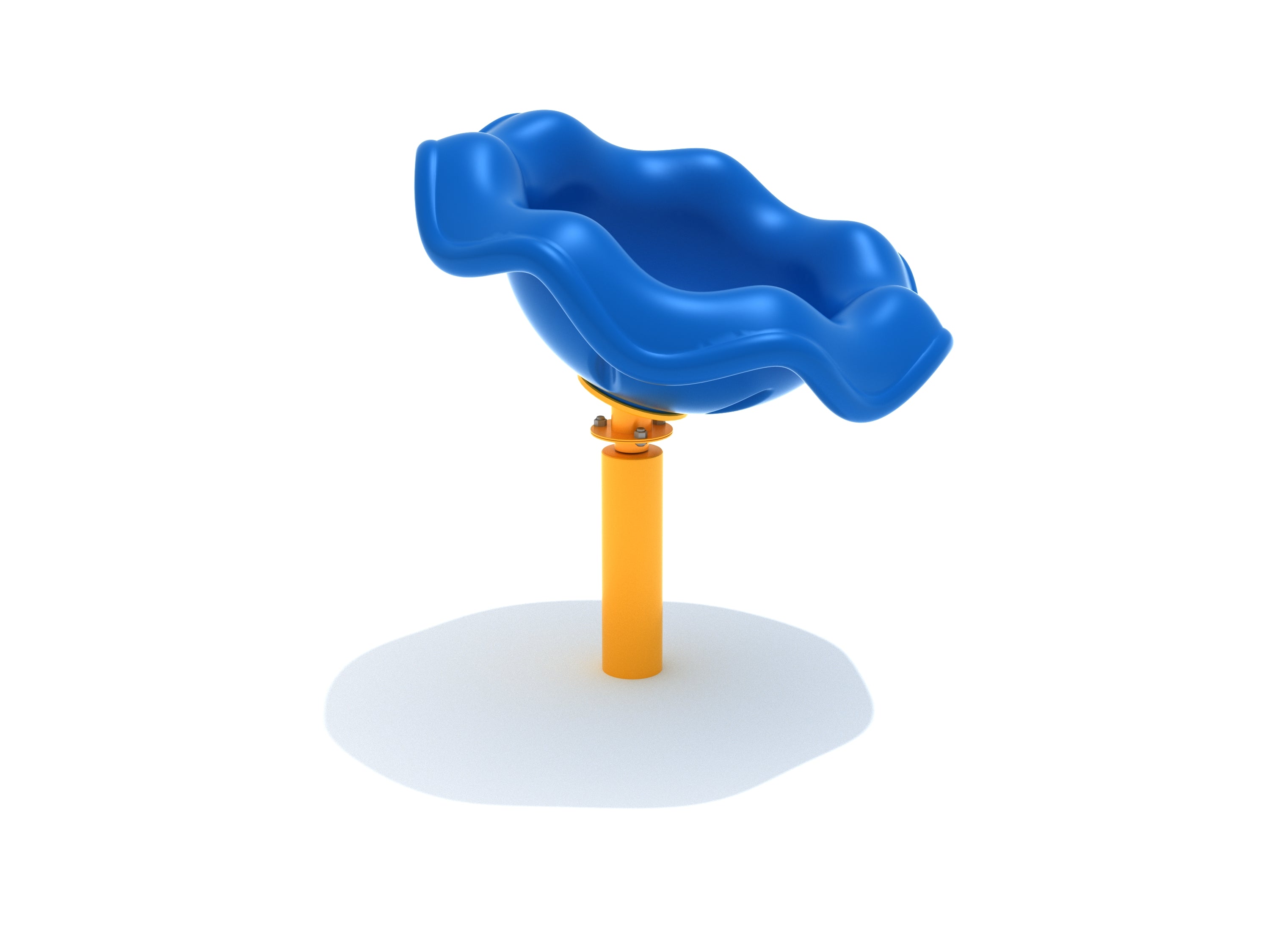Blue wavy plastic spinning playground seat mounted on a sturdy yellow post for kid-powered fun
