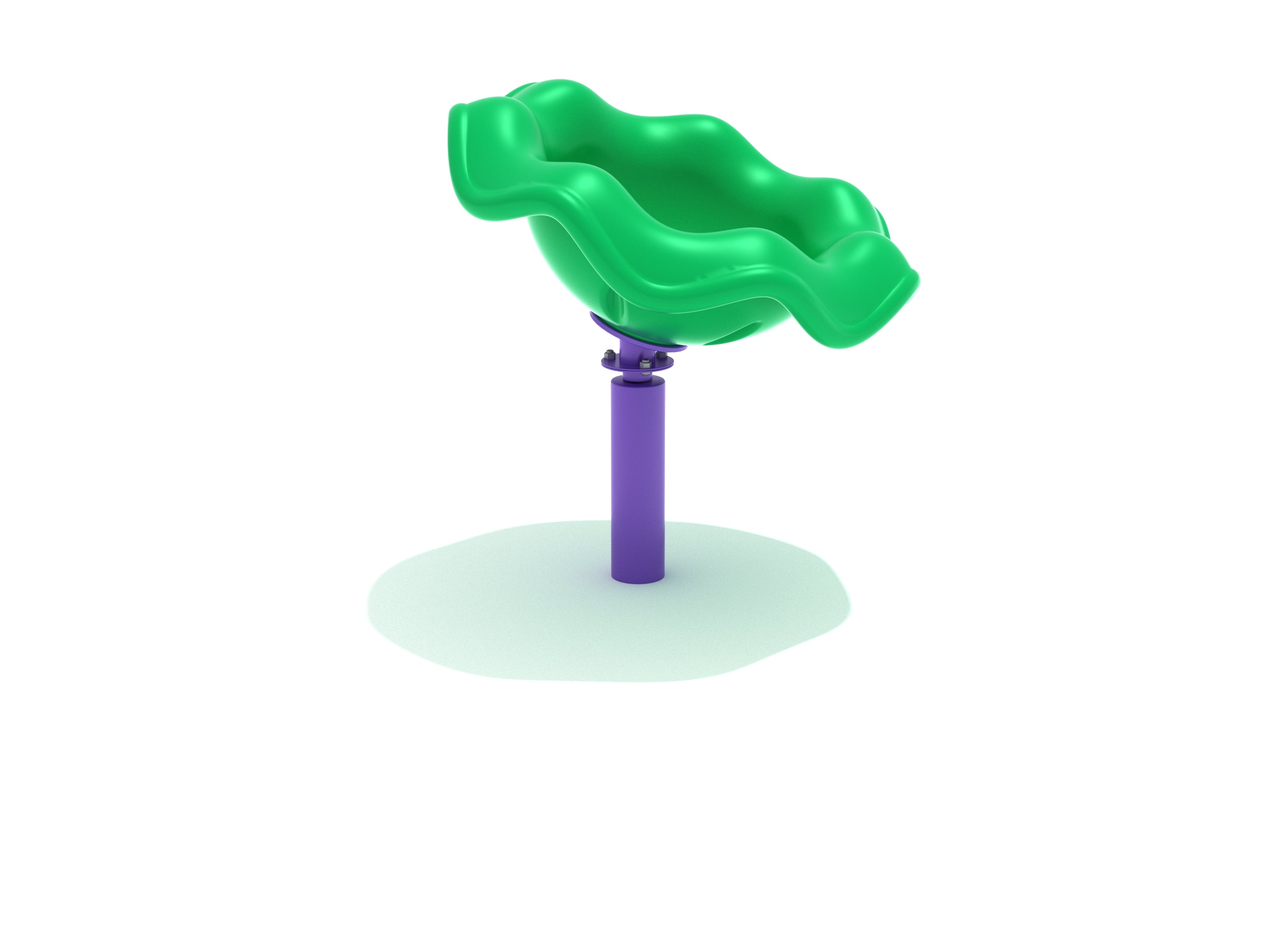 Green wavy plastic spinning seat on a purple post playground spinner with smooth kid-powered motion