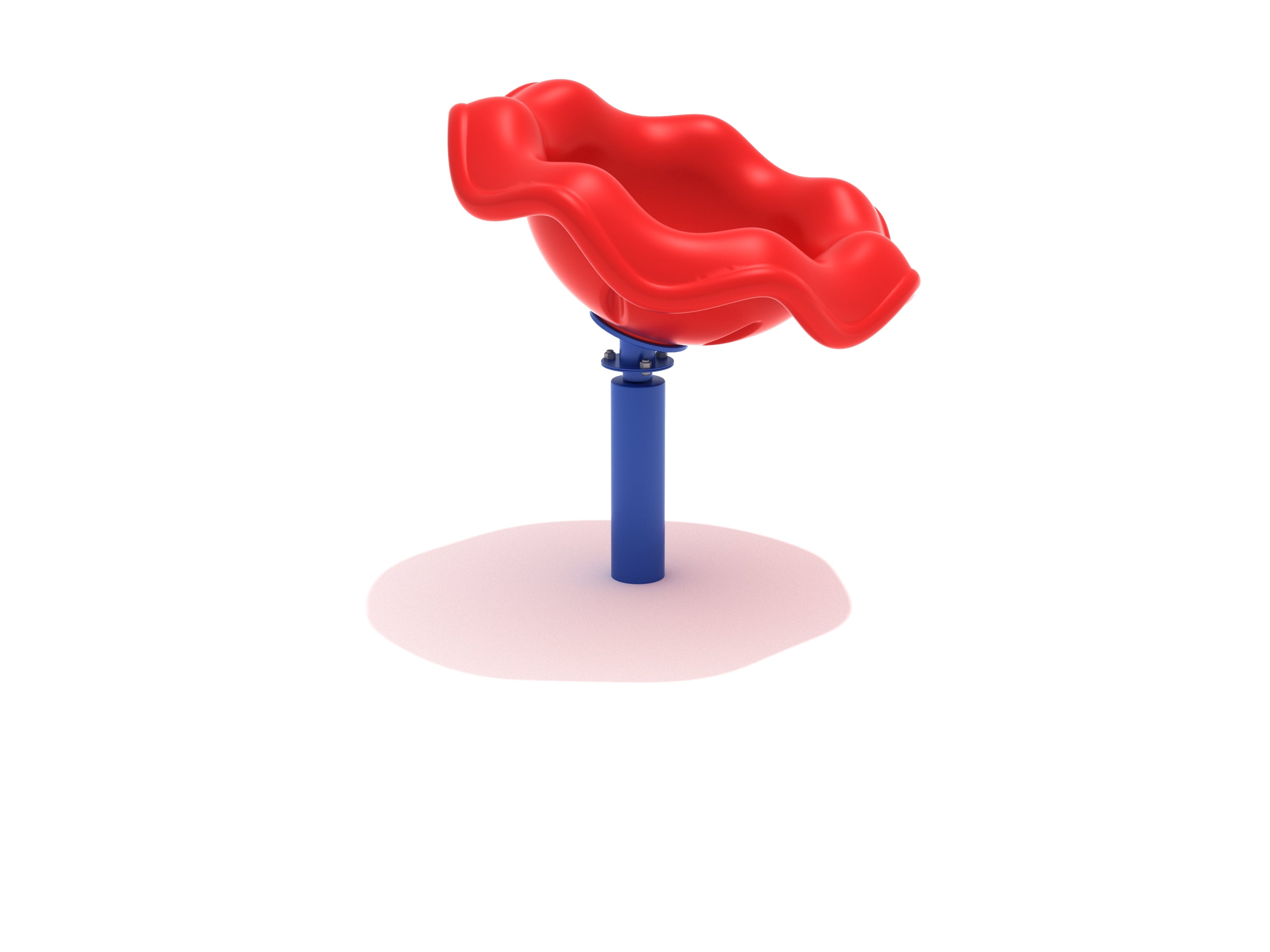 Red wavy plastic spinning seat on a blue post playground equipment with smooth kid-powered design