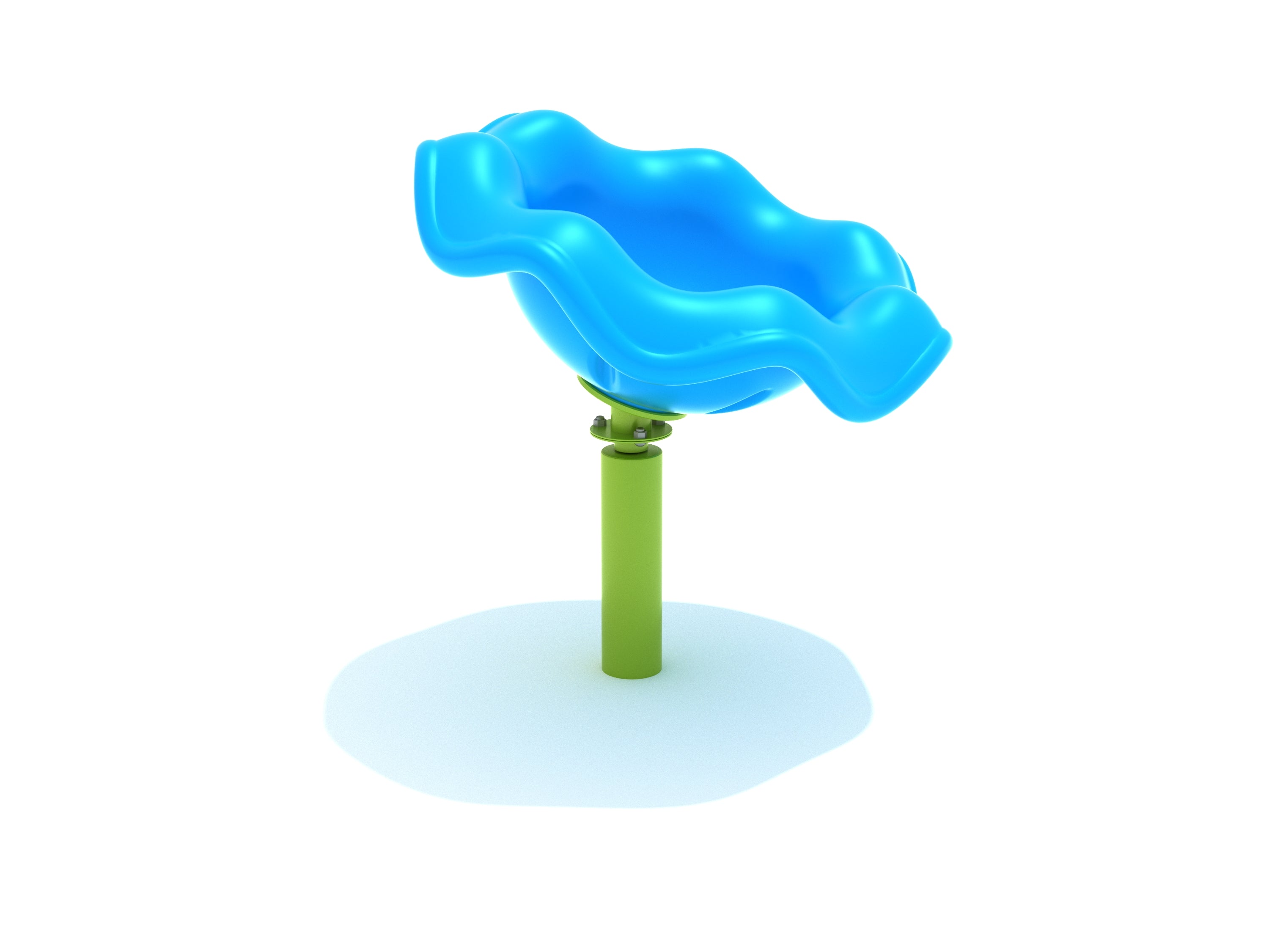Compact playground spinner with wavy blue seat and sturdy green post for kid-powered spinning fun