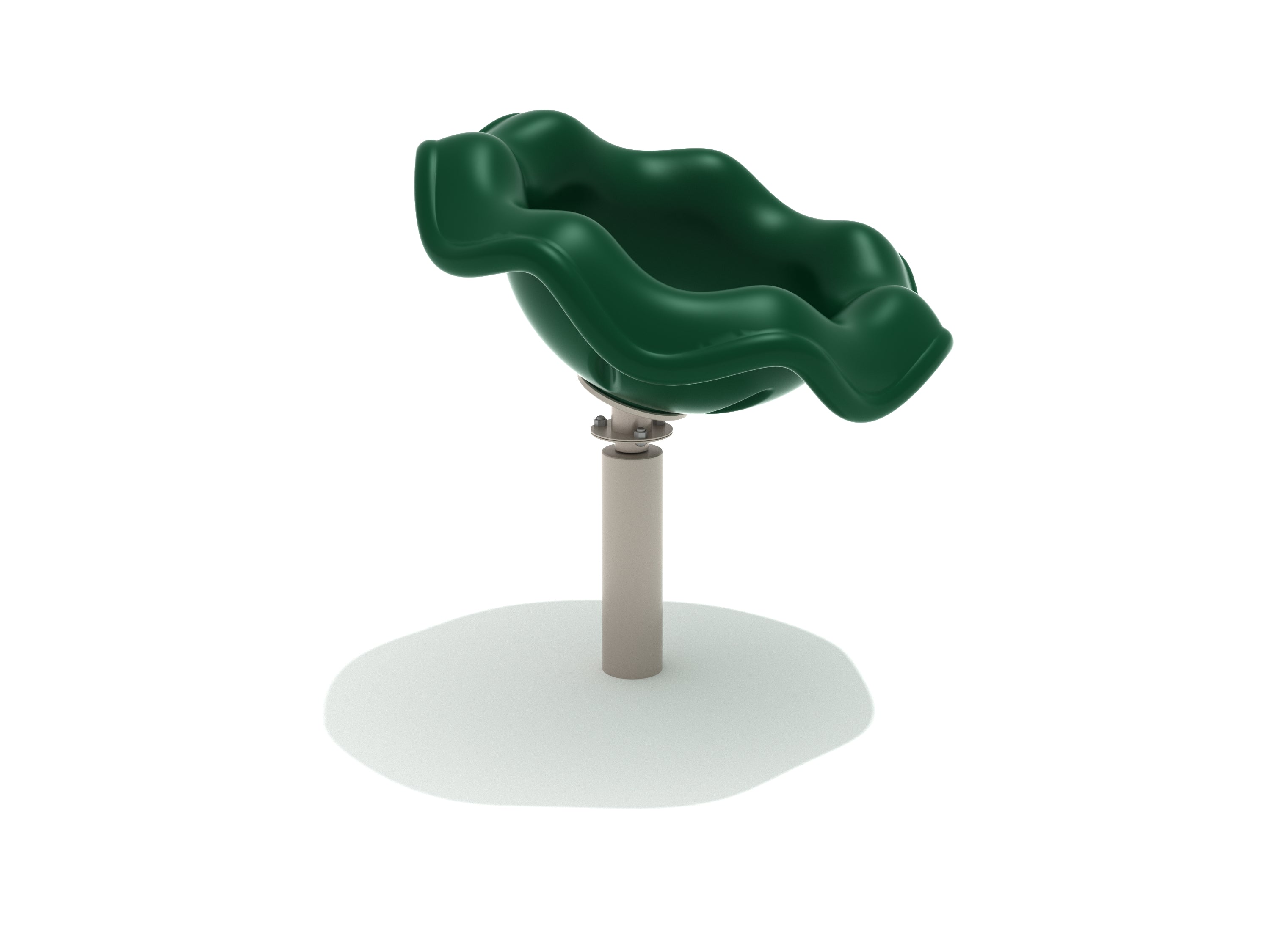 Green wavy plastic spinning playground seat mounted on a single beige post for kid-powered play