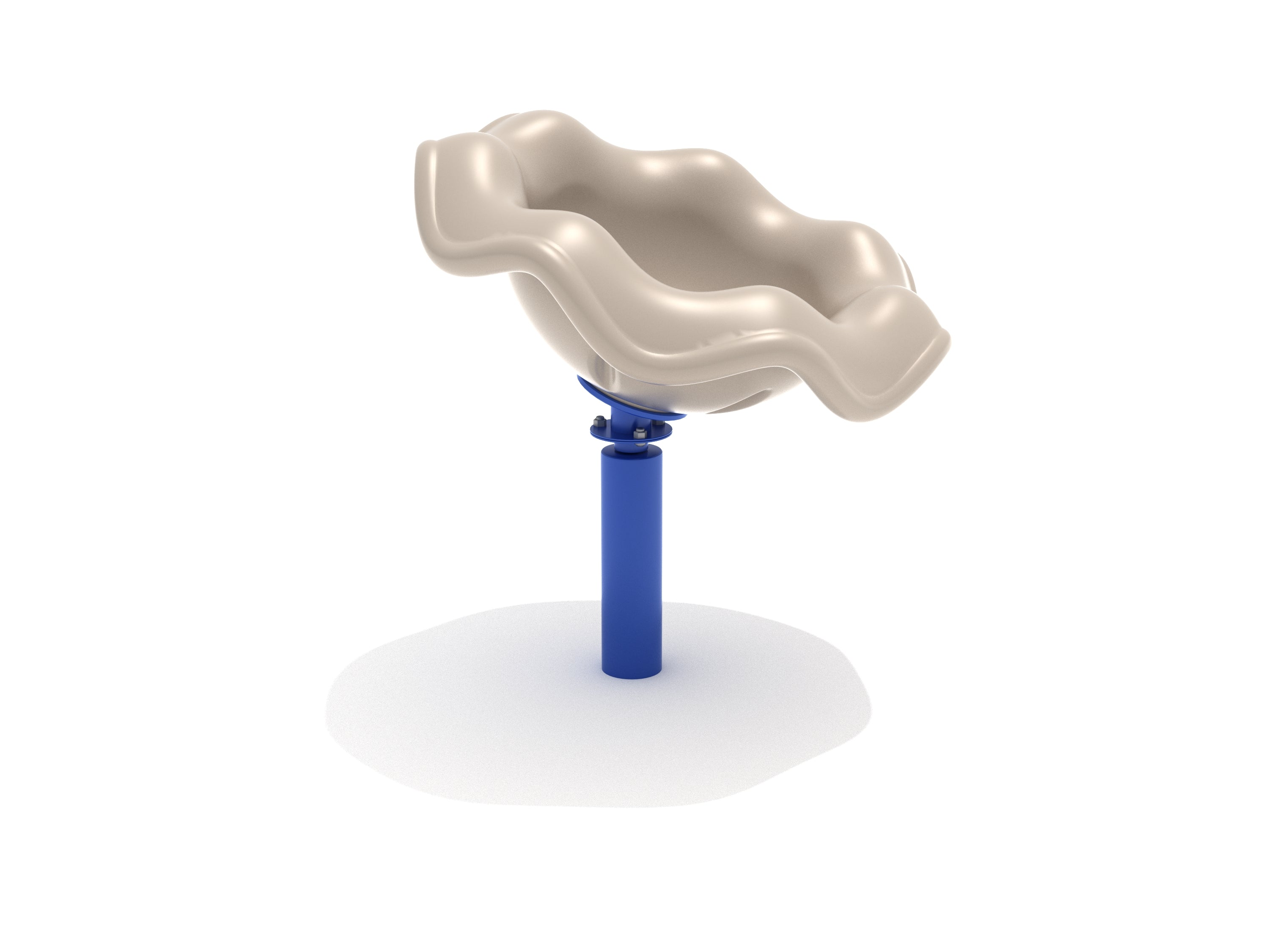 Tan wavy plastic playground spinning seat mounted on a cobalt blue post, durable outdoor play equipment