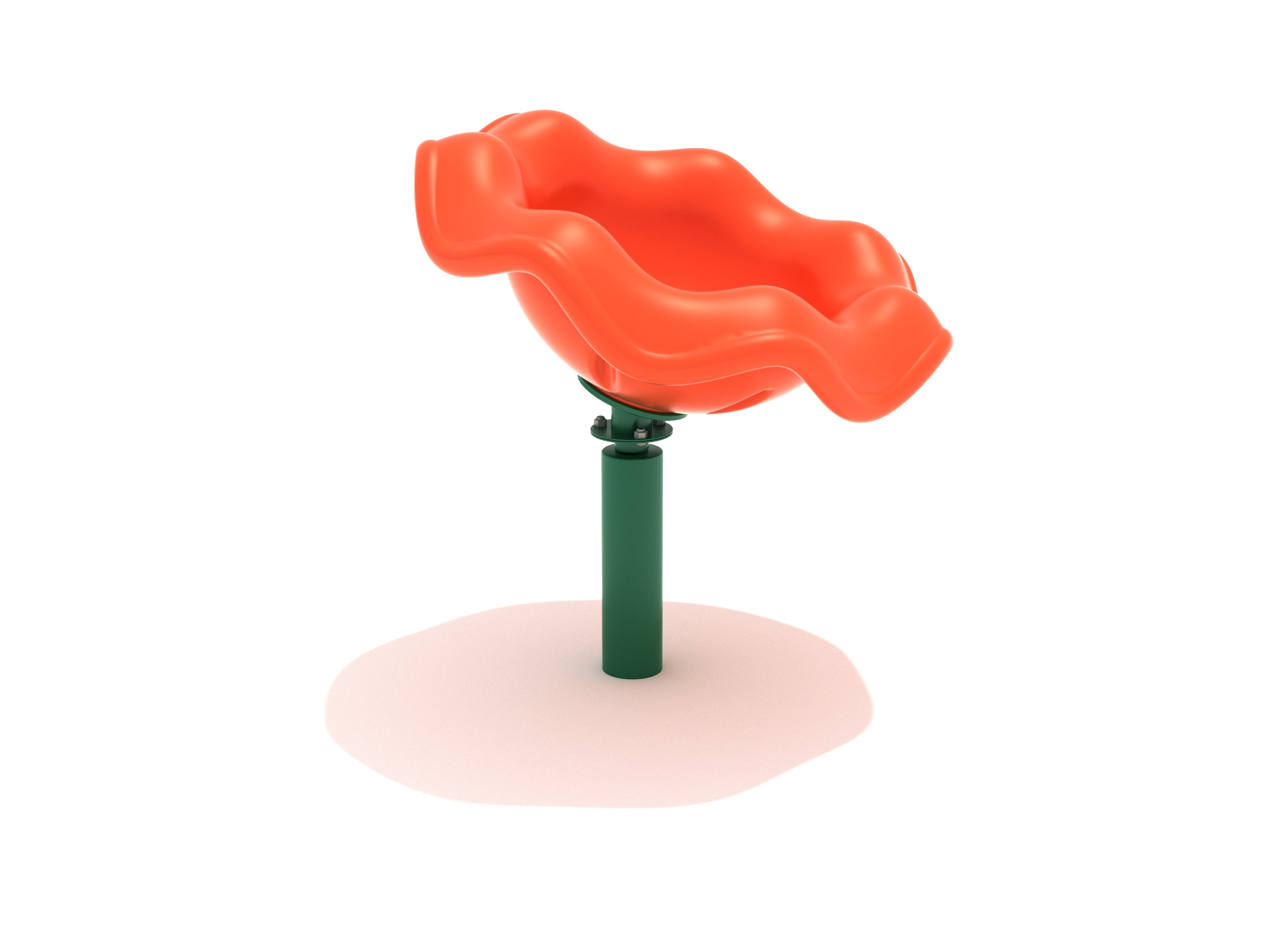 Bright orange wavy plastic playground spinner seat on a sturdy green post for kid-powered spinning fun