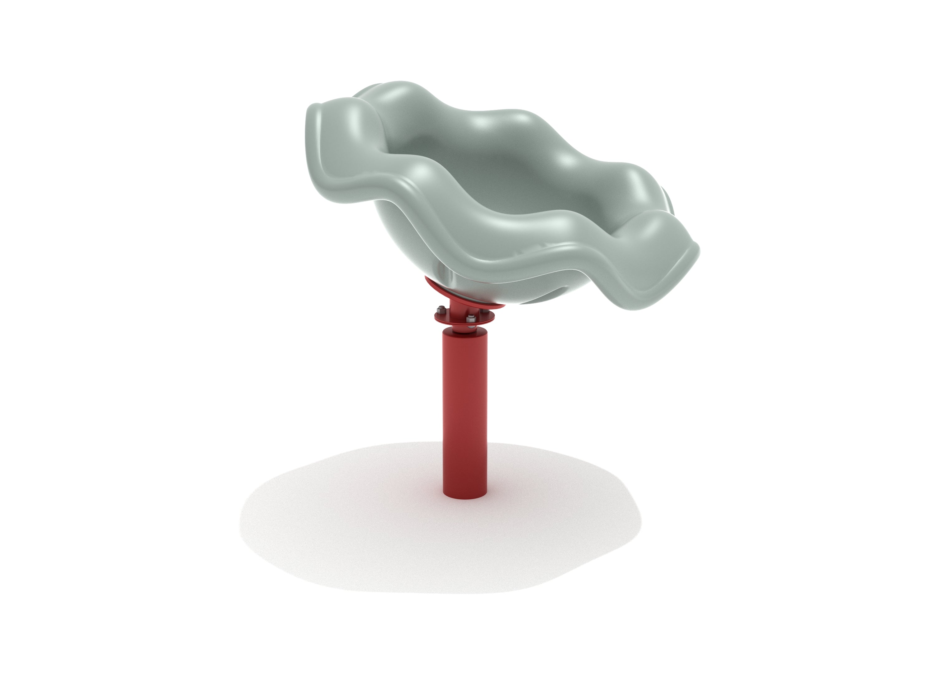Gray wavy plastic spinning playground seat mounted on a red metal post for children’s outdoor play