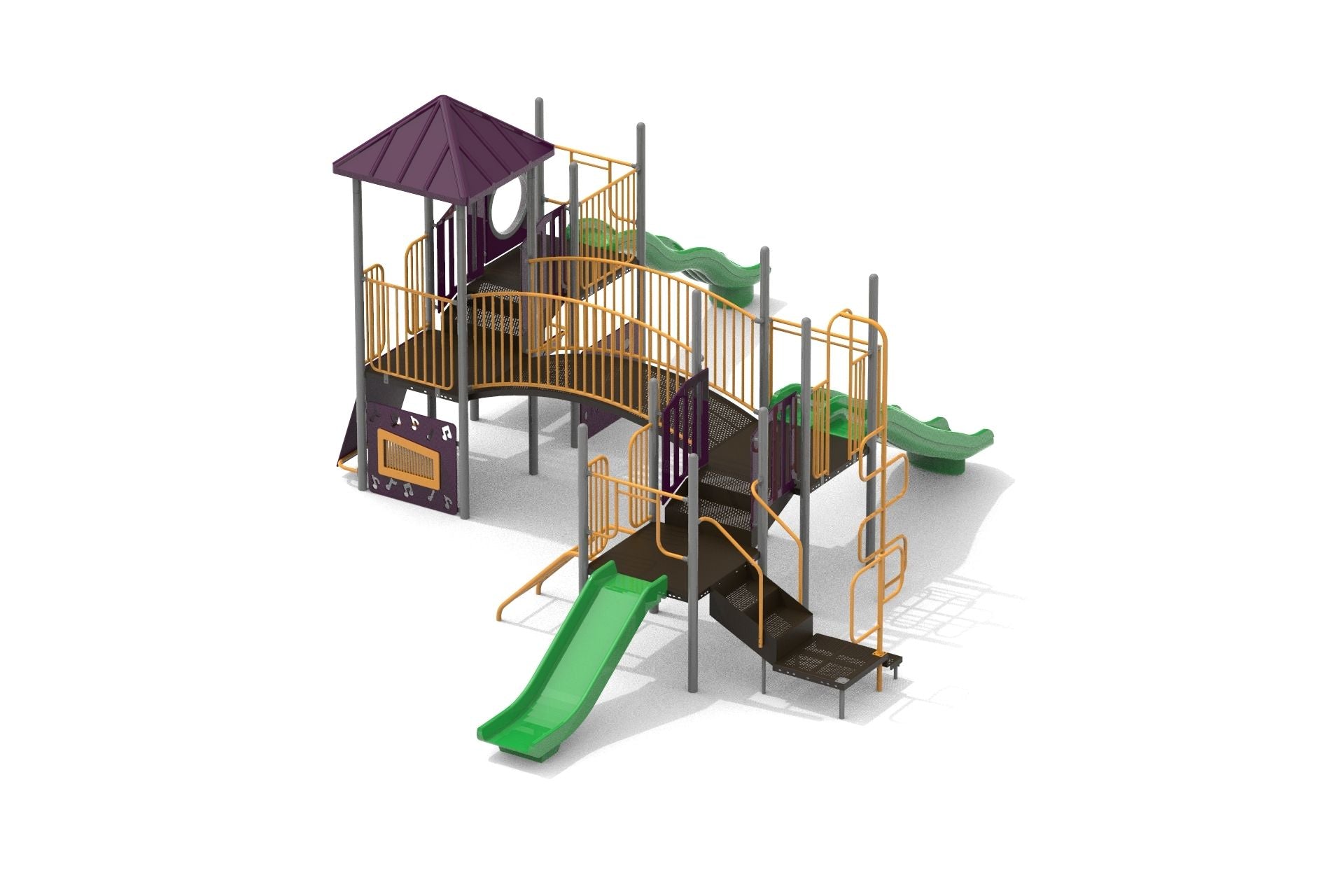 Outdoor playground structure with green slides, purple roof, yellow railings, climbing ladder, and activity panel