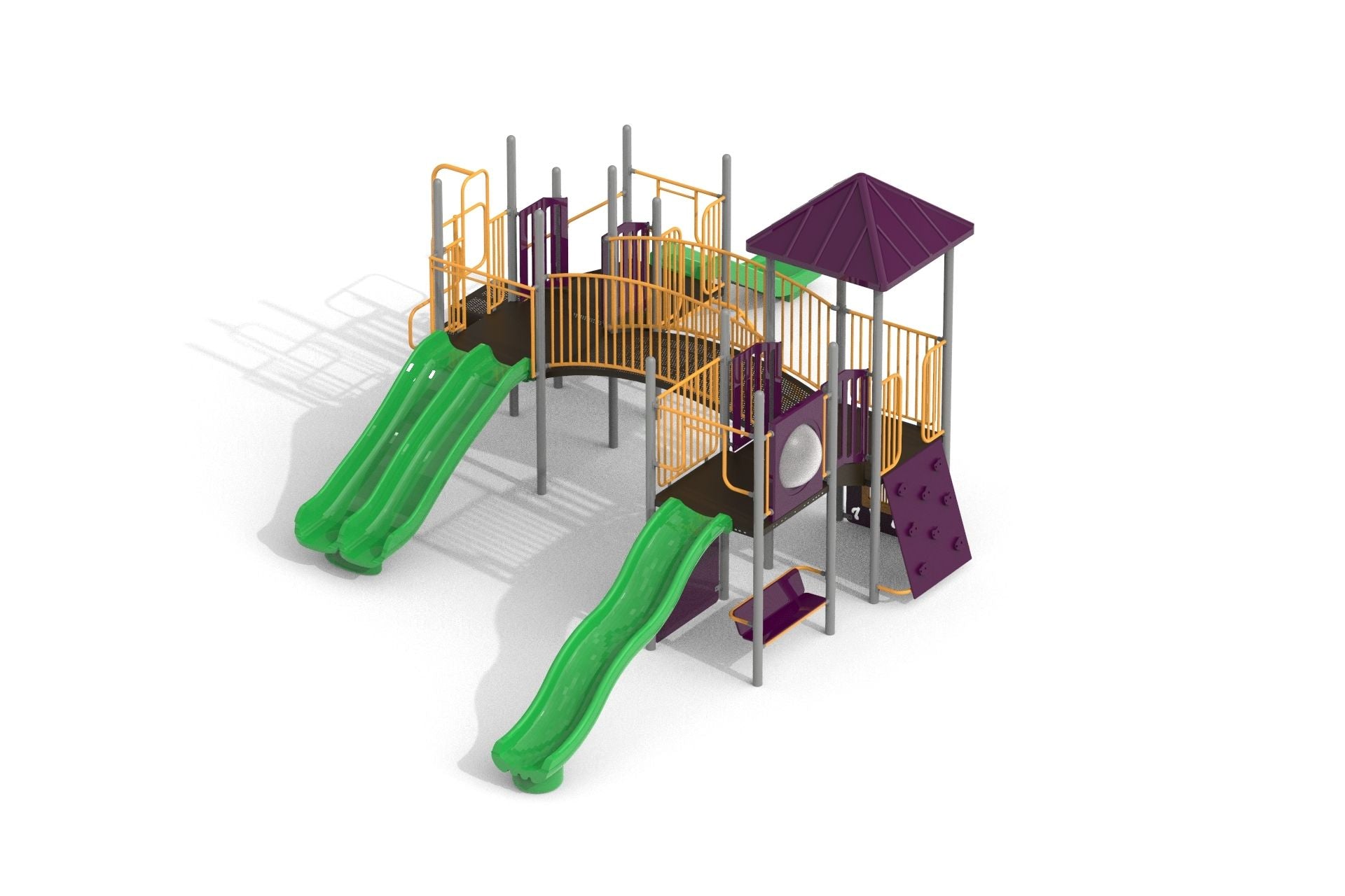 Elevated playground structure with green slides, purple climbing wall, yellow railings, and shaded platform