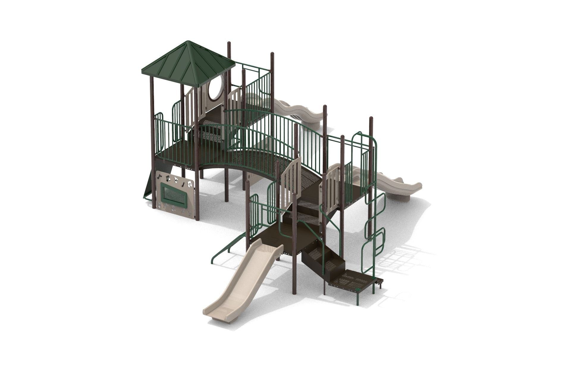 Outdoor playground structure with green metal railings, beige slides, climbing ladder, and covered platform designed for active, imaginative play.