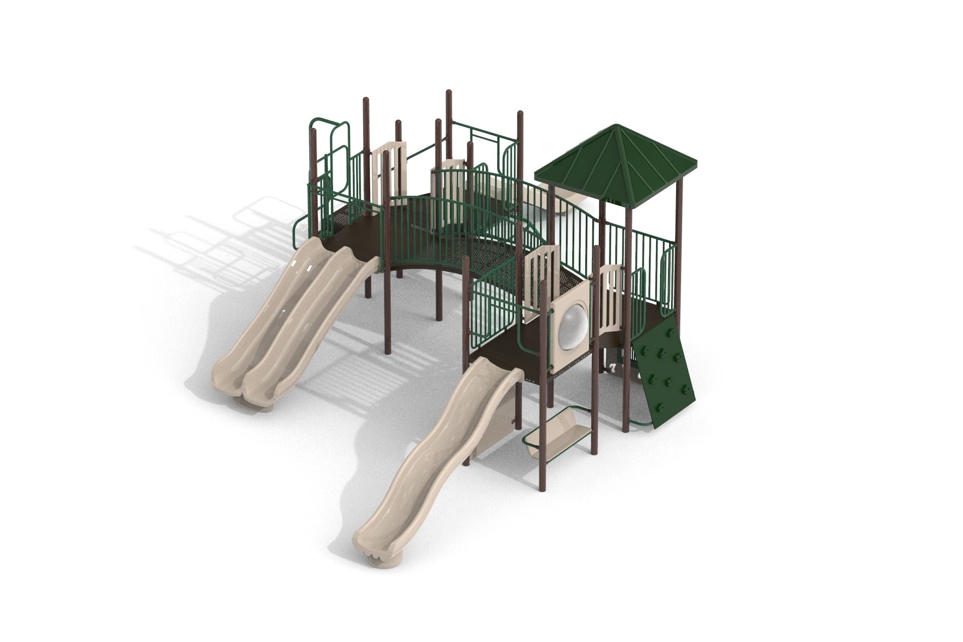 Rainier WillyGoat Playground with beige slides, green climbing wall, canopy, and metal railings on natural play system