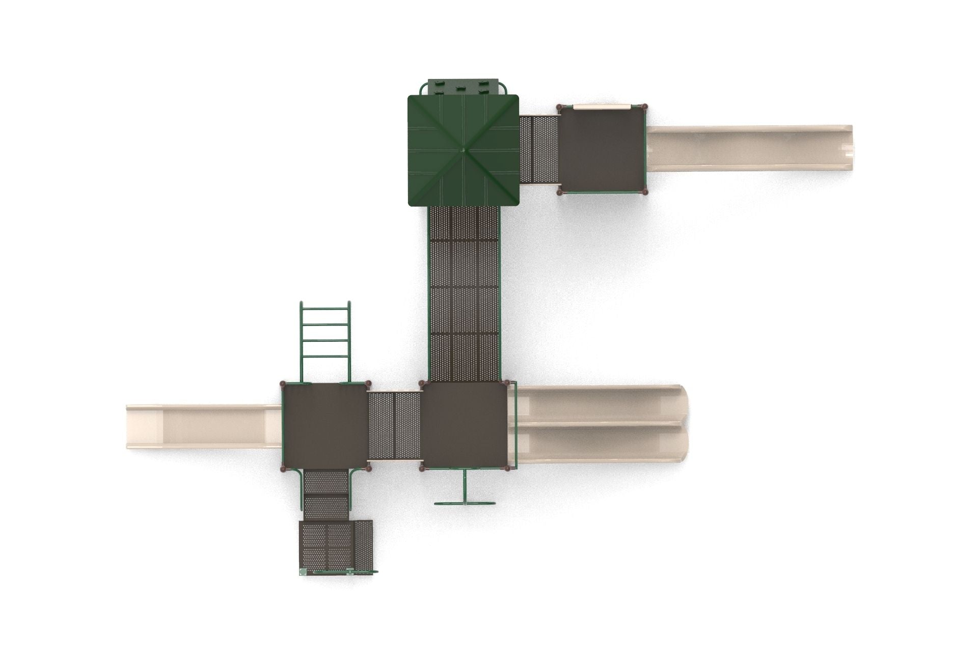 Overhead view of a large playground structure with green roofs, beige slides, climbing ladder, and connecting platforms