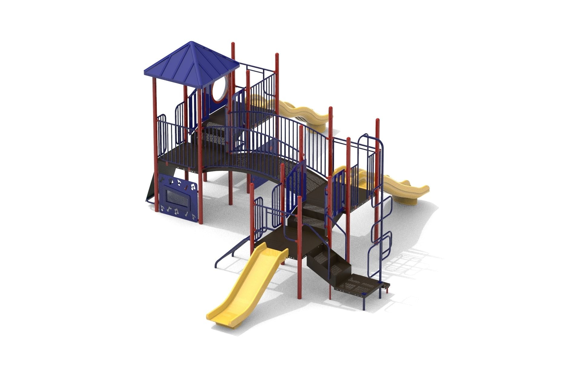 Outdoor playground structure with yellow slides, blue roof, red and blue railings, climbing ladder, and musical panel