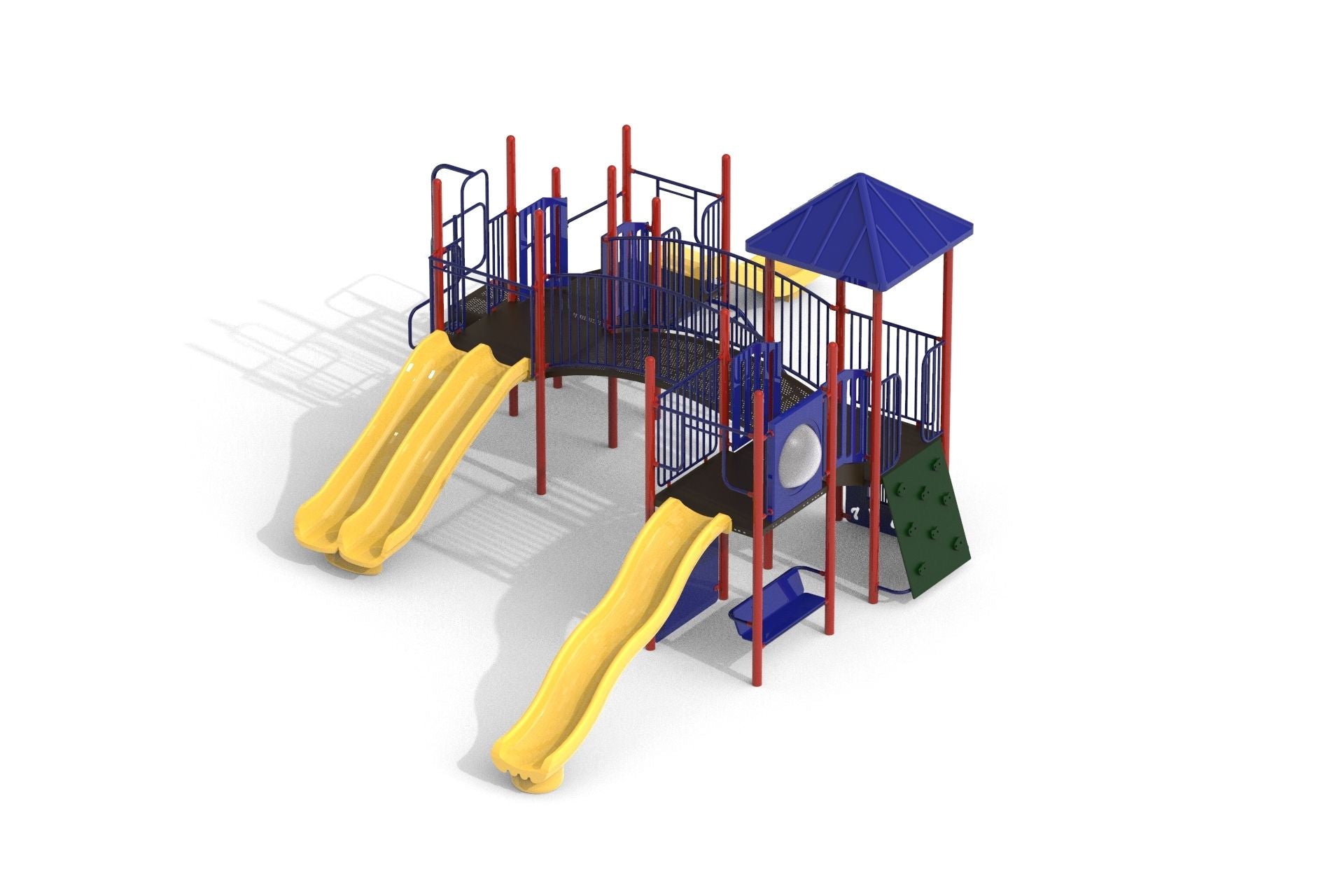 Colorful playground with yellow slides, blue roof, red posts, climbing wall, and swing set for active outdoor play.
