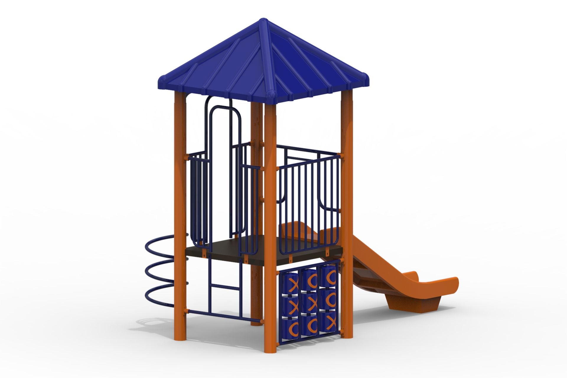 Outdoor modular playground with blue roof, orange slide, climbing bars, and interactive tic-tac-toe panel