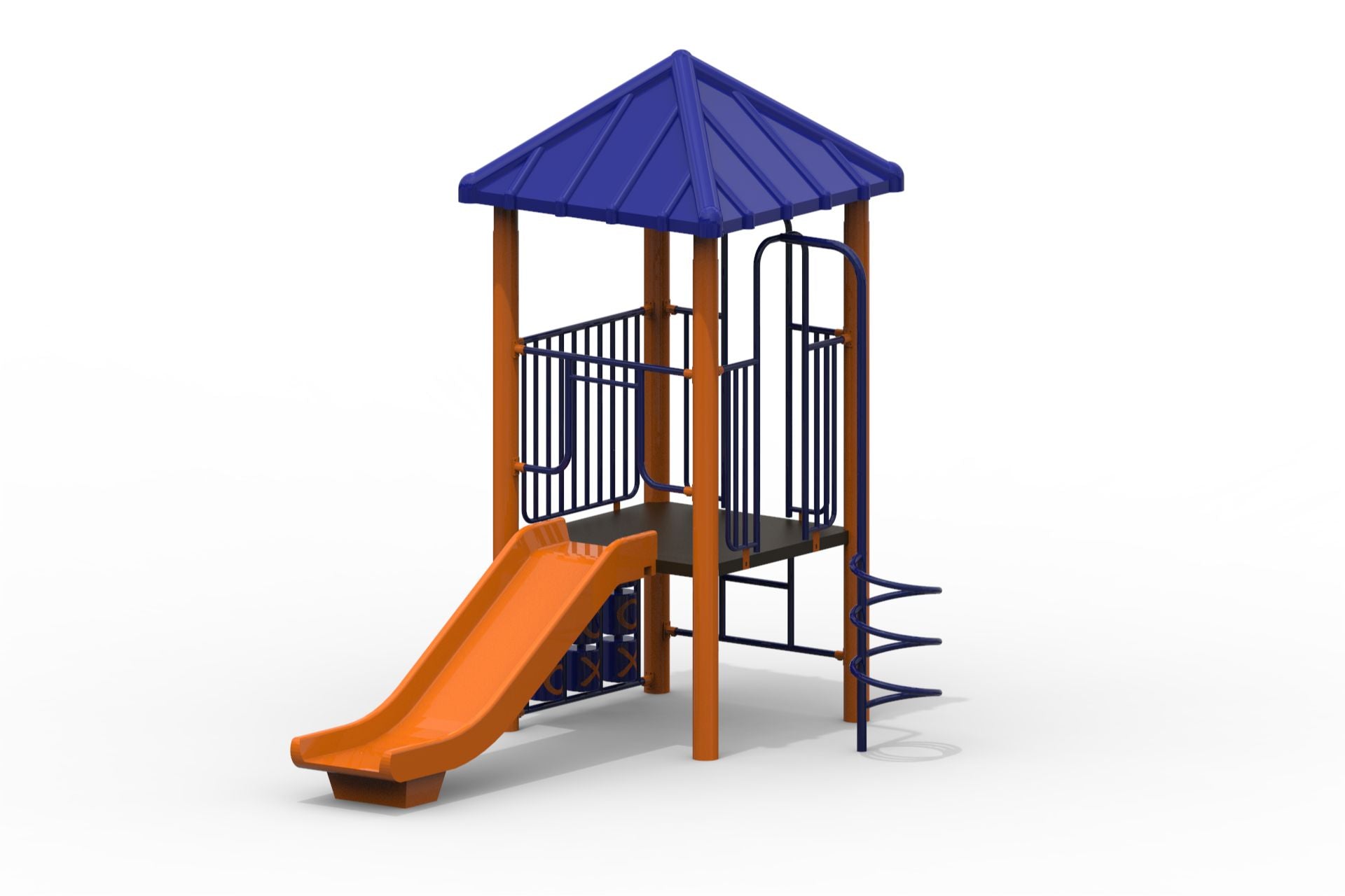 Compact outdoor playground with orange slide, blue spiral climbing structure, and blue roof over elevated platform