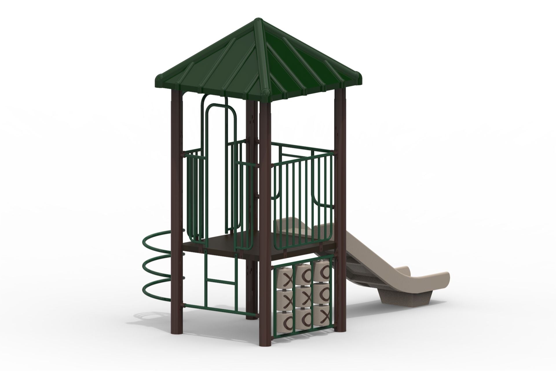 Outdoor modular playground with green roof, climbing bars, tic-tac-toe panels, and beige slide