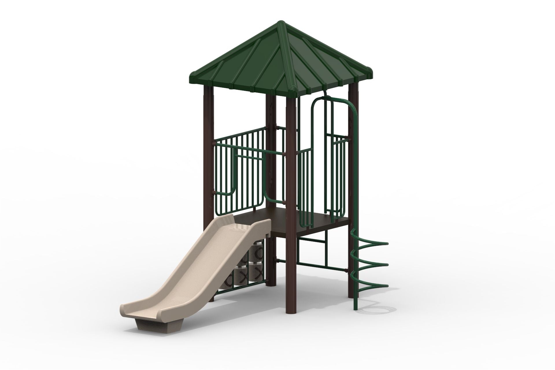Ray Modular Playground with green roof, beige slide, climbing bars, and tic-tac-toe panel in natural outdoor setting