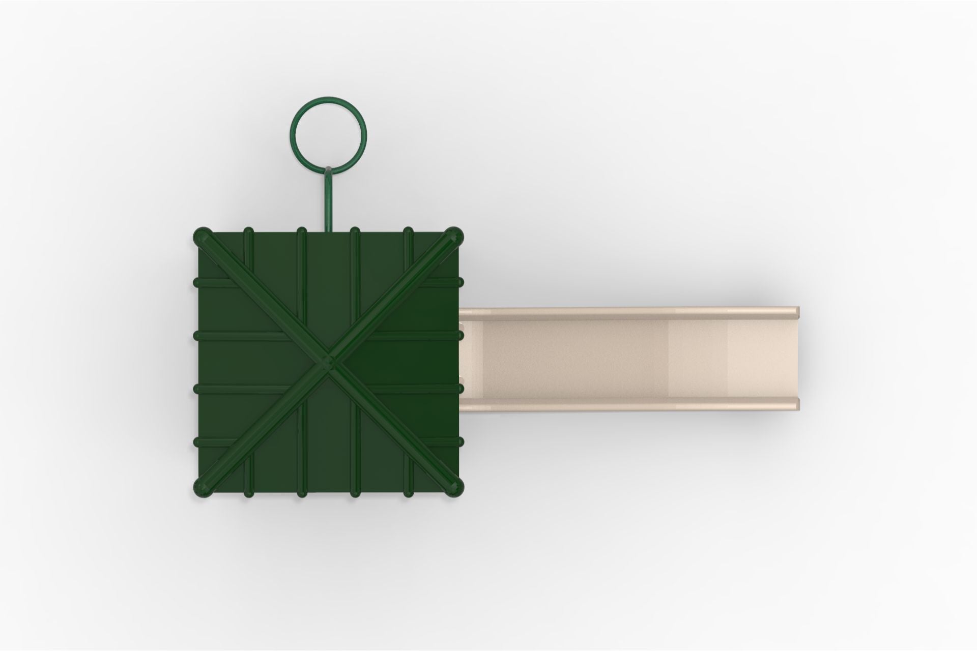 Overhead view of a modular playground with green climbing platform and beige slide extension, designed for active, creative play