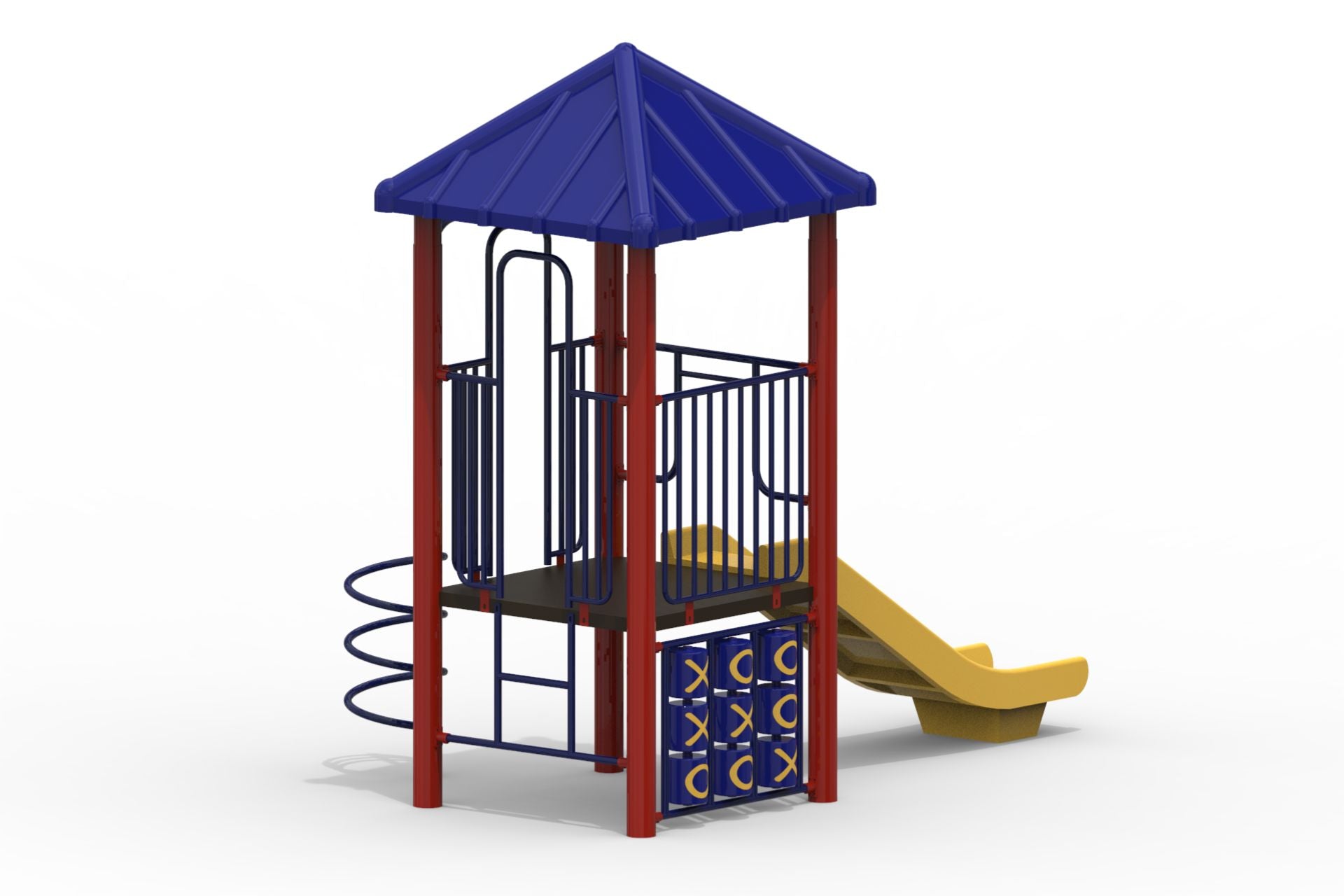 Outdoor modular playground with blue roof, red posts, yellow slide, spiral climbing bars, and tic-tac-toe panels