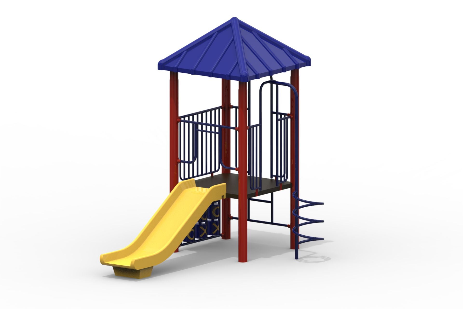 Outdoor modular playground with blue roof, red uprights, yellow slide, tic-tac-toe panel, and spiral climbing bars