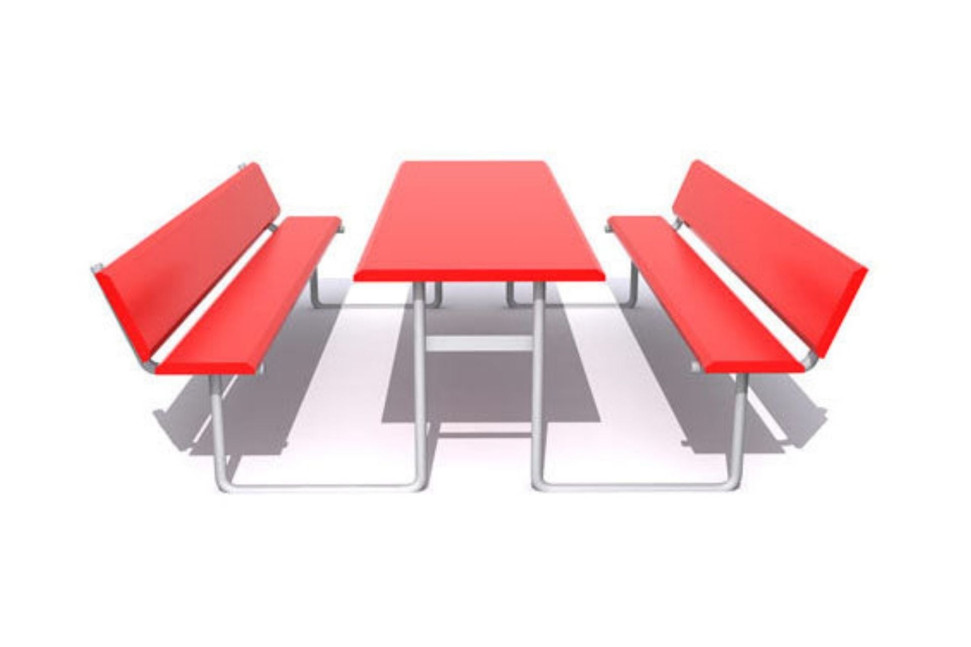 Rectangular Picnic Table With Seat Backs with bright red perforated steel seats and backrests, silver steel pipe frame, modern outdoor seating
