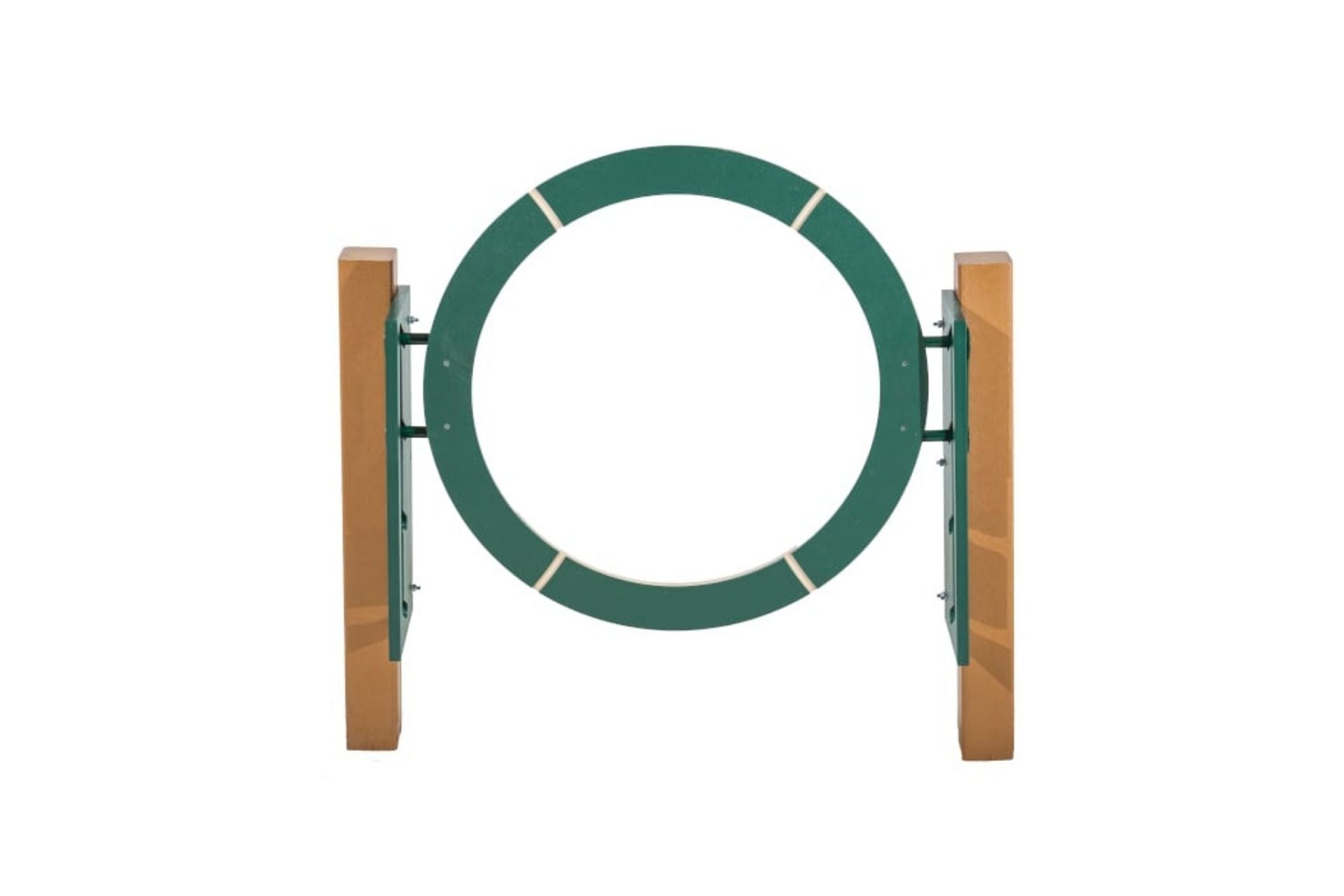 Recycled Adjustable Ring Jump dog agility hoop with dark green recycled plastic ring and brown posts for training at dog parks