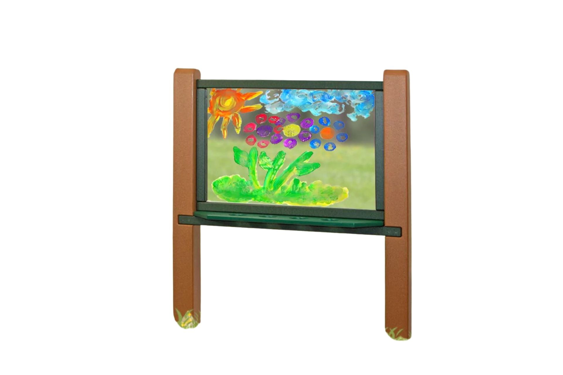 Recycled Plastic Art Easel with clear polycarbonate canvas featuring colorful painted sun, flowers, and clouds on a durable frame