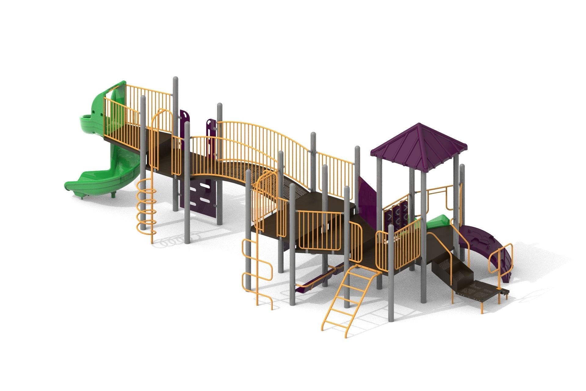 Elevated outdoor playground structure with green spiral slide, purple roof, yellow railings, and climbing features in redwood finish
