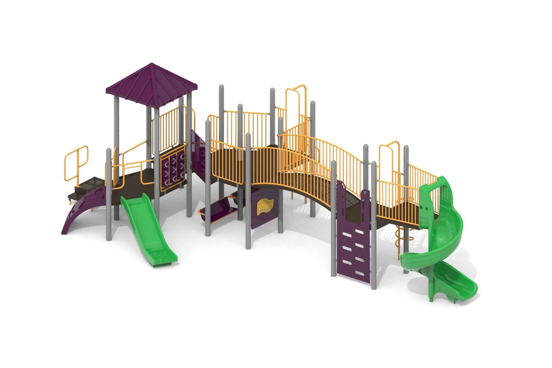 Playground structure with purple roof, yellow railings, green slides, climbing wall, and tic-tac-toe panels.