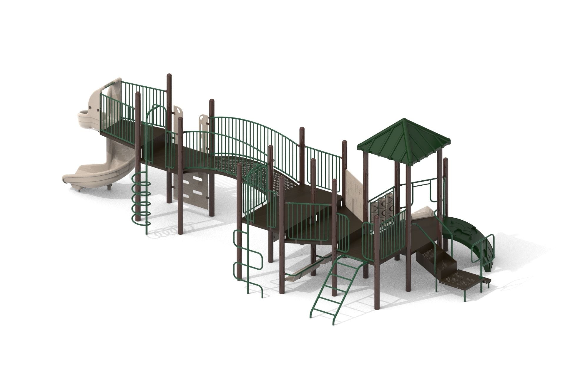 Elevated redwood playground structure with green railings, slides, climbing ladders, and a shaded platform