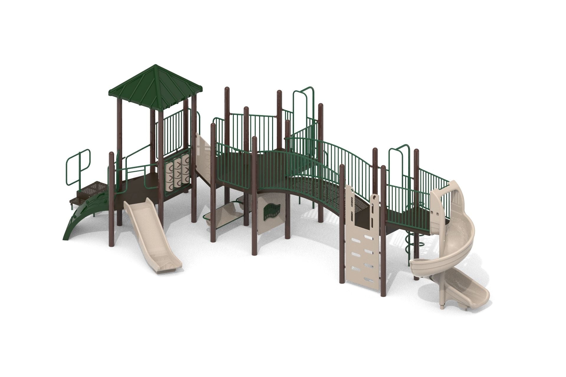 Redwood WillyGoat Playground with natural redwood finish, green roof, arched bridge, tan spiral and straight slides, climbers, and platforms
