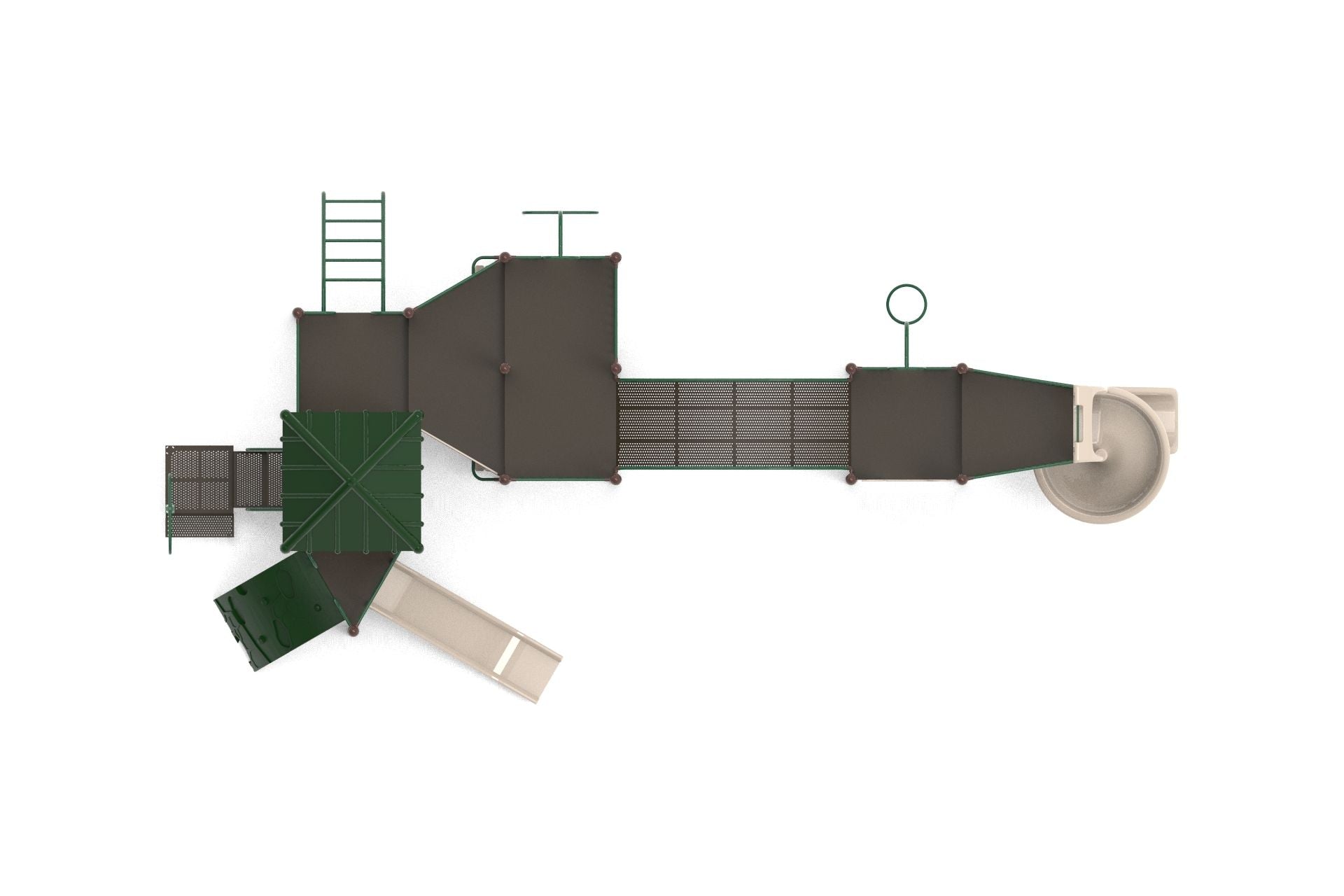 Overhead view of a large redwood playground with green roofs, beige slides, climbing wall, and connecting bridges
