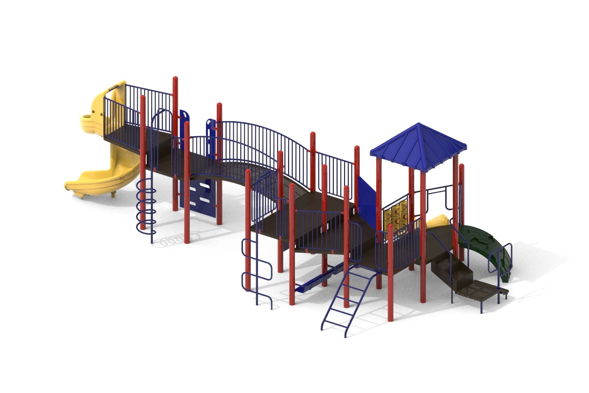 Elevated outdoor playground with redwood posts, blue railings, yellow and green slides, climbing ladders, and a blue roofed platform