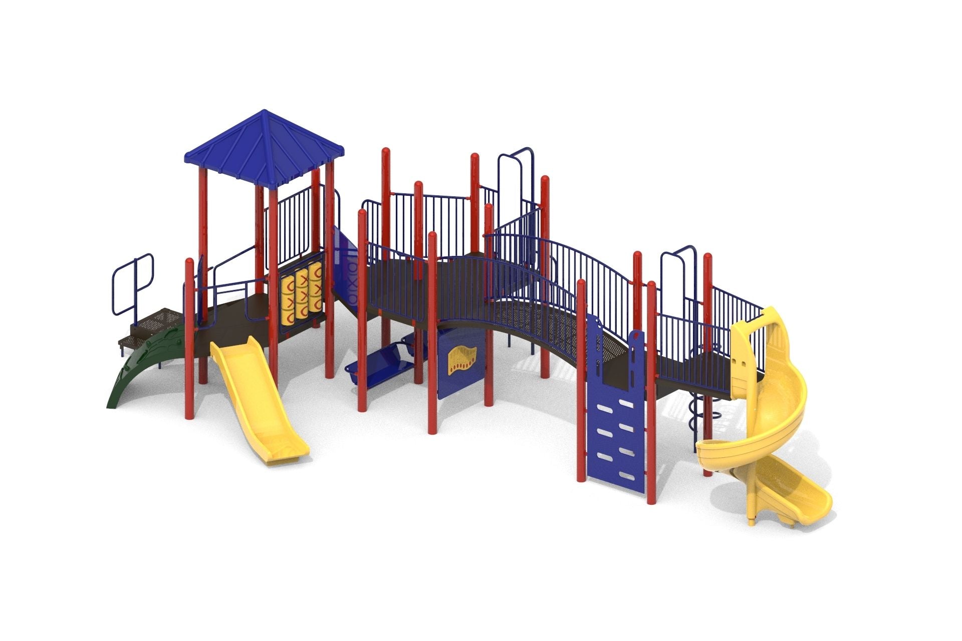 Outdoor playground structure with redwood posts, blue railings, yellow slides, climbing panels, and a blue roof