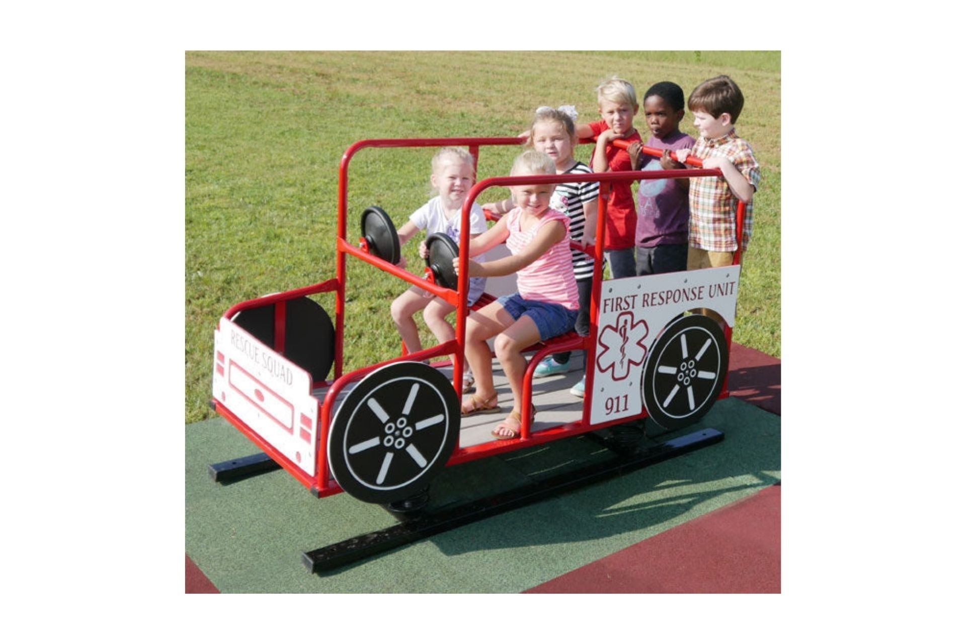 Rescue Truck Multi Passenger Spring Rider with red frame, black wheels, multiple steering wheels, children playing on grass outdoors