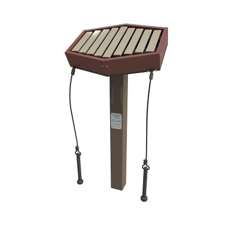 Toddler-height outdoor percussion instrument with metal bars and two attached mallets on a single post