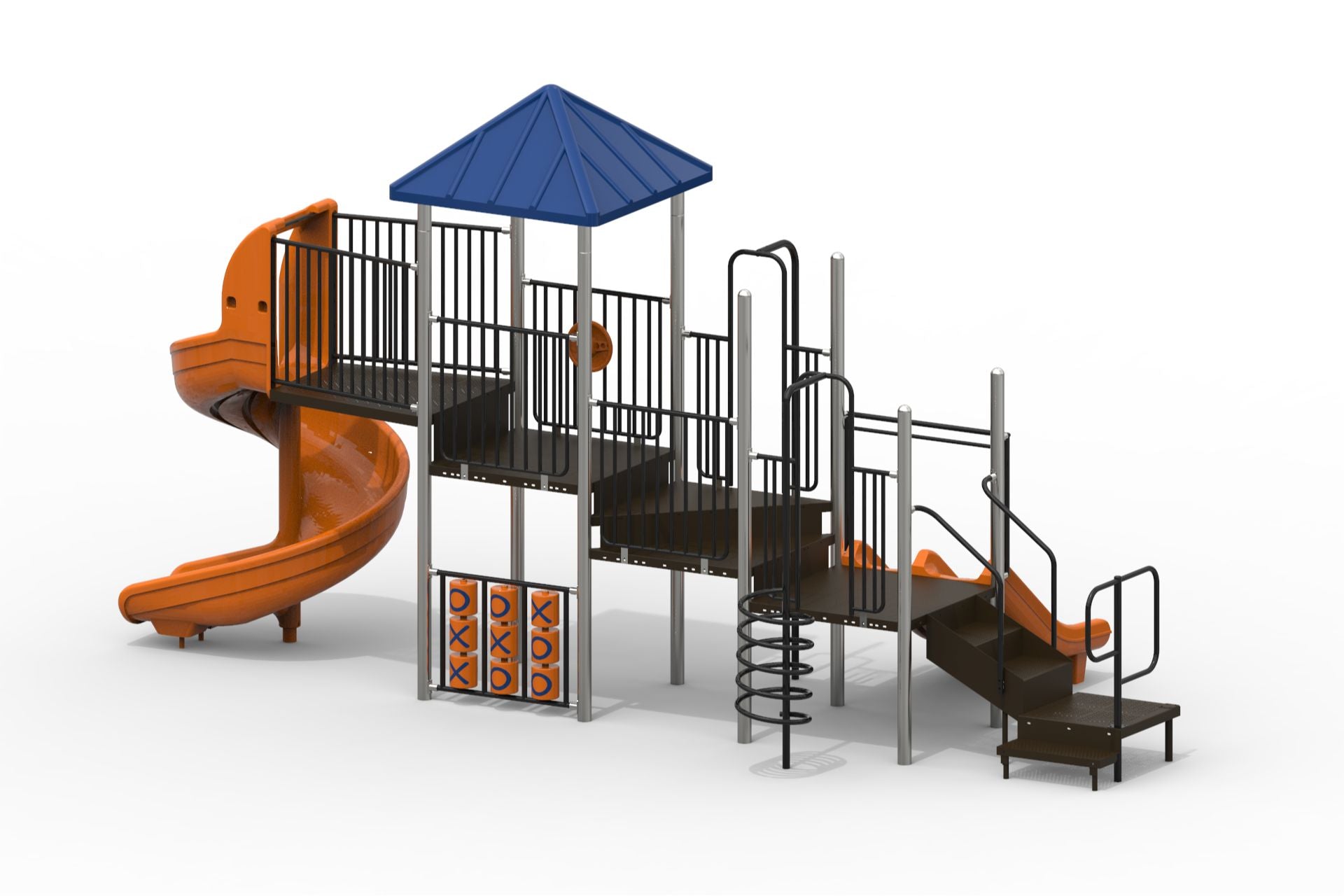 Outdoor modular playground with blue roof, orange slides, tic-tac-toe panels, spiral climber, and black railings