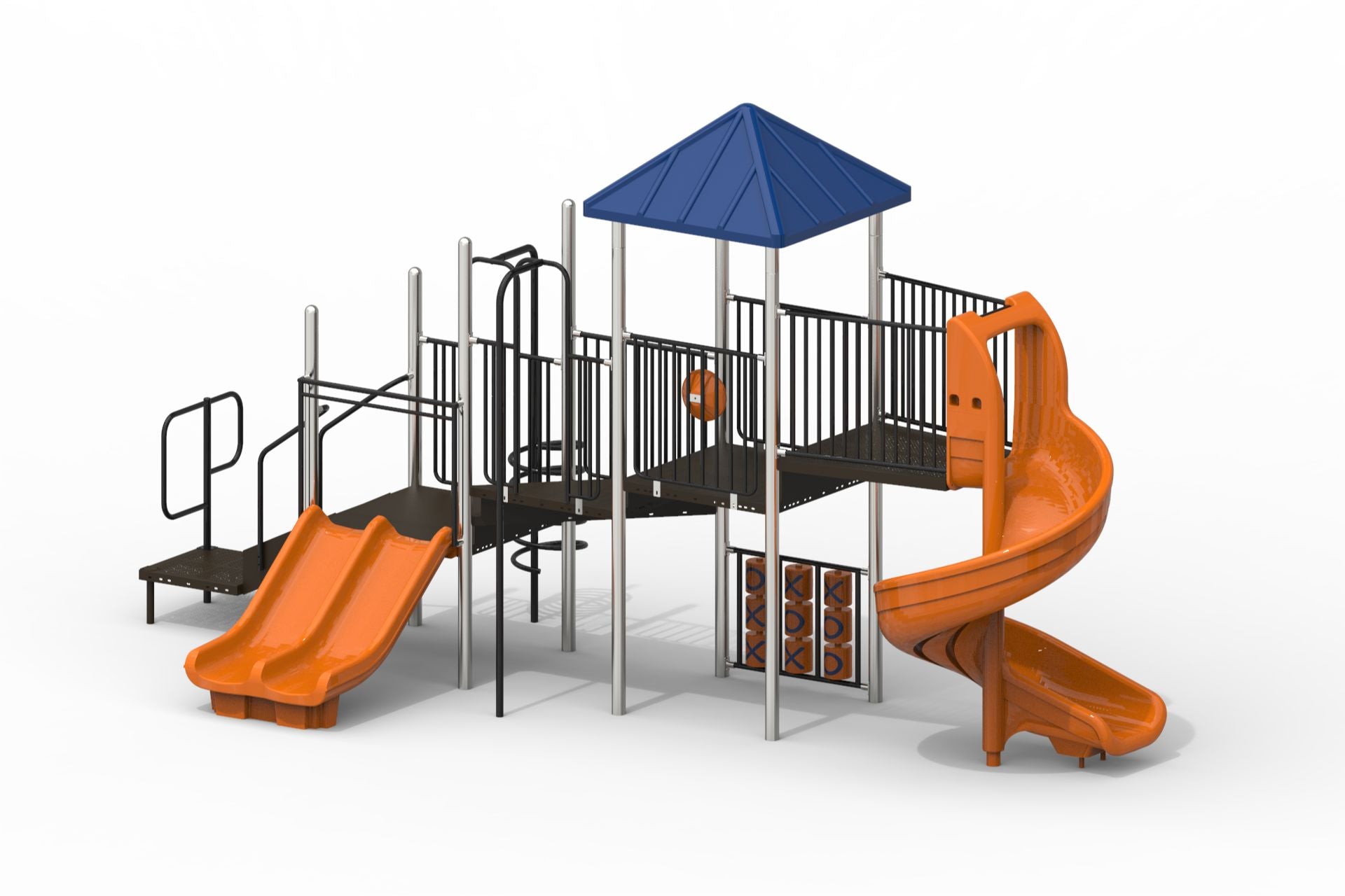 Outdoor modular playground with orange slides, blue roof, climbing bars, and tic-tac-toe panels for active play and learning