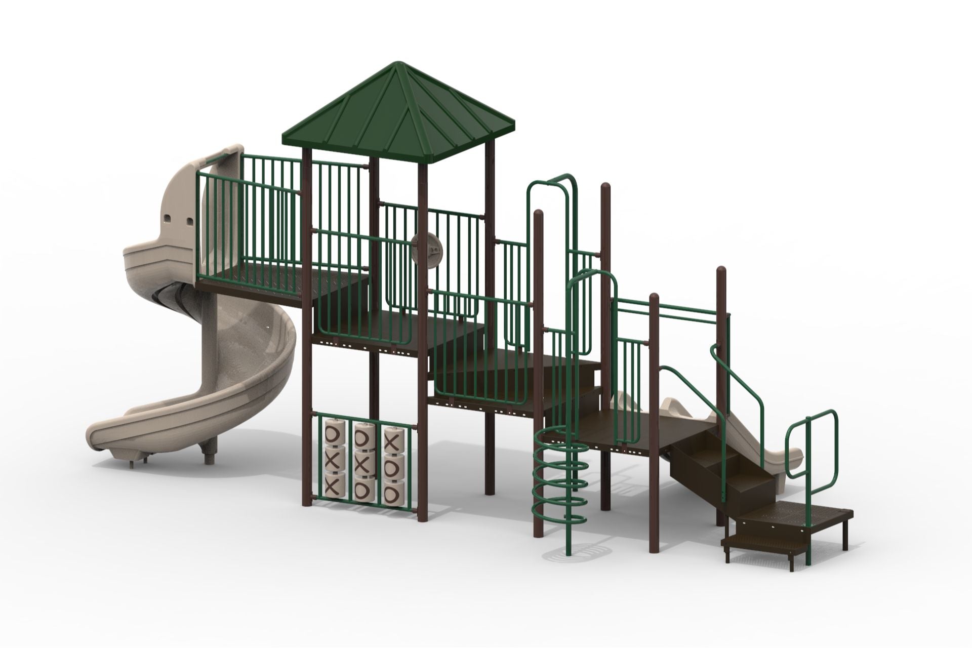 Outdoor modular playground with green railings, beige spiral slide, tic-tac-toe panels, and climbing features