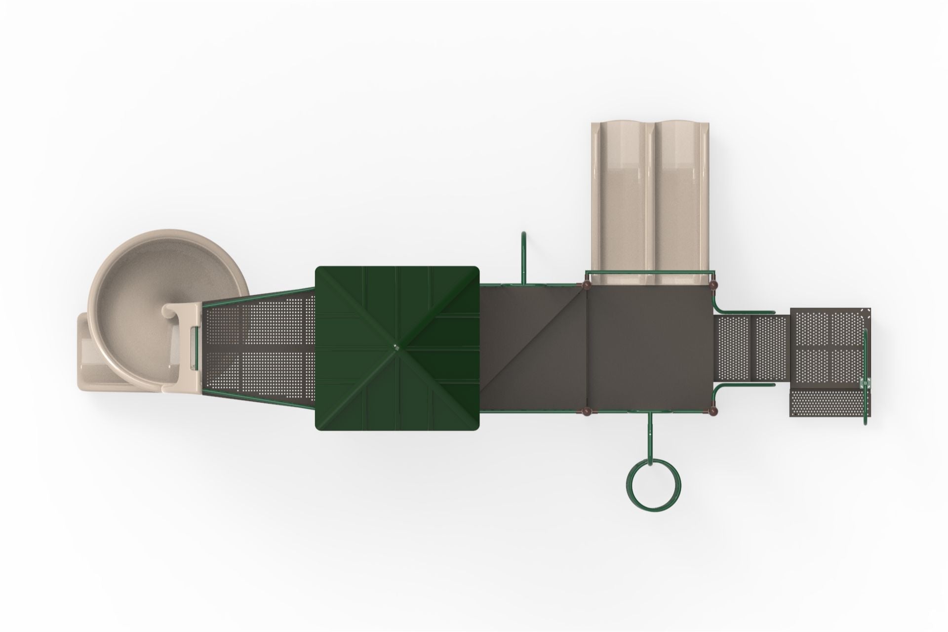 Overhead view of a modular playground with beige slides, circular climbing structure, green roof, and perforated platforms