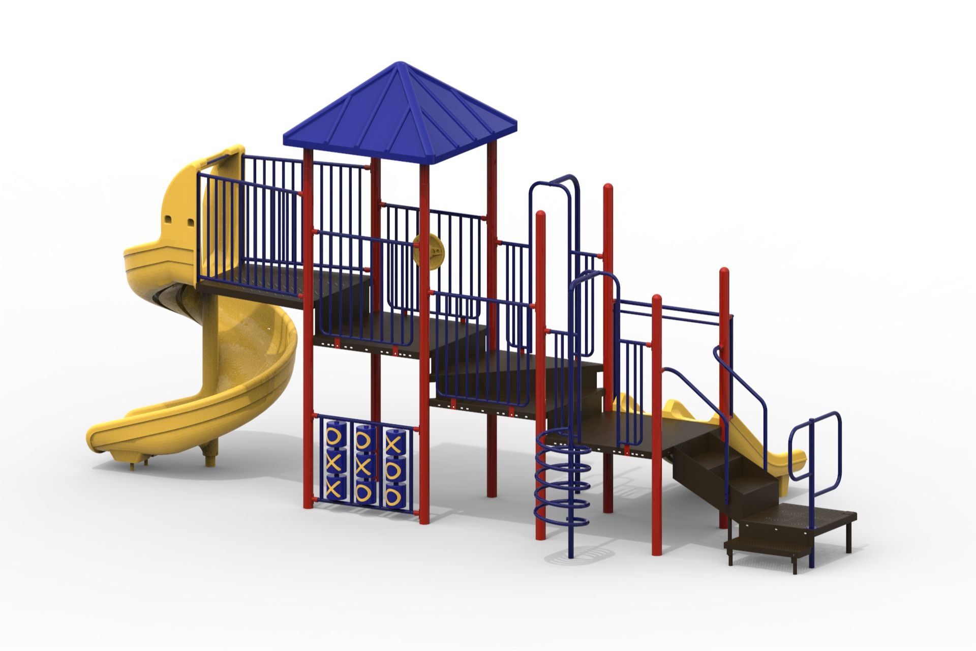 Modular playground with yellow slides, red and blue climbing structures, tic-tac-toe panels, and a blue roof