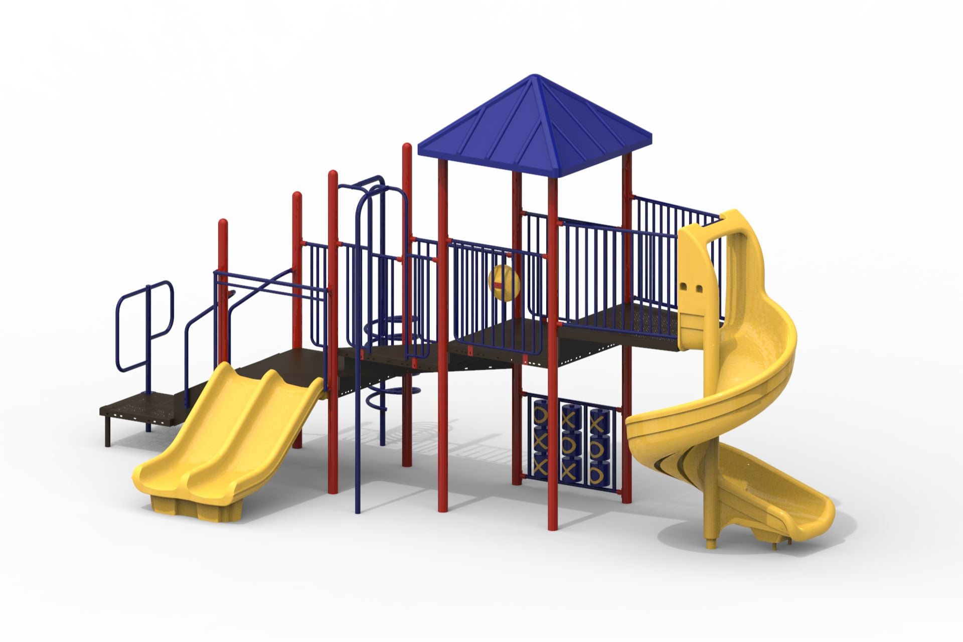 Outdoor modular playground with red uprights, blue railings, yellow double and spiral slides, and tic-tac-toe panels