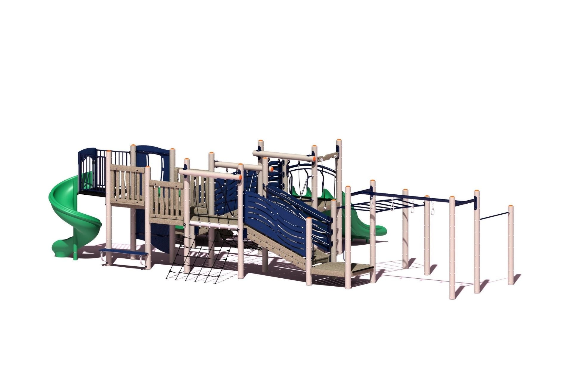 Robinson Play System with recycled metal and plastic, featuring spiral slide, climbing elements, ramps, monkey bars, and ADA accessibility.