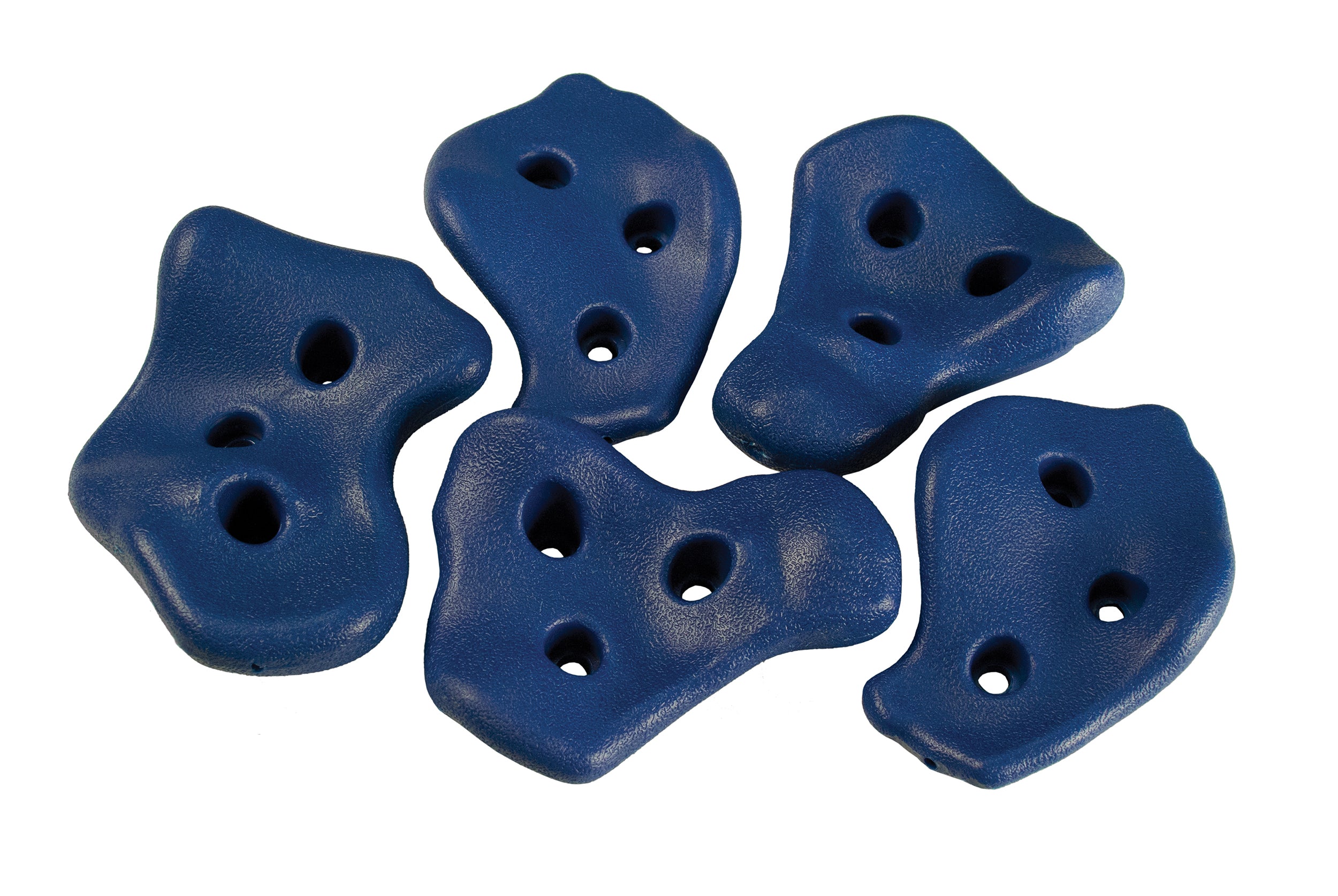 Five blue textured climbing holds with multiple grip holes for playset rock wall installation, shown from an angled view
