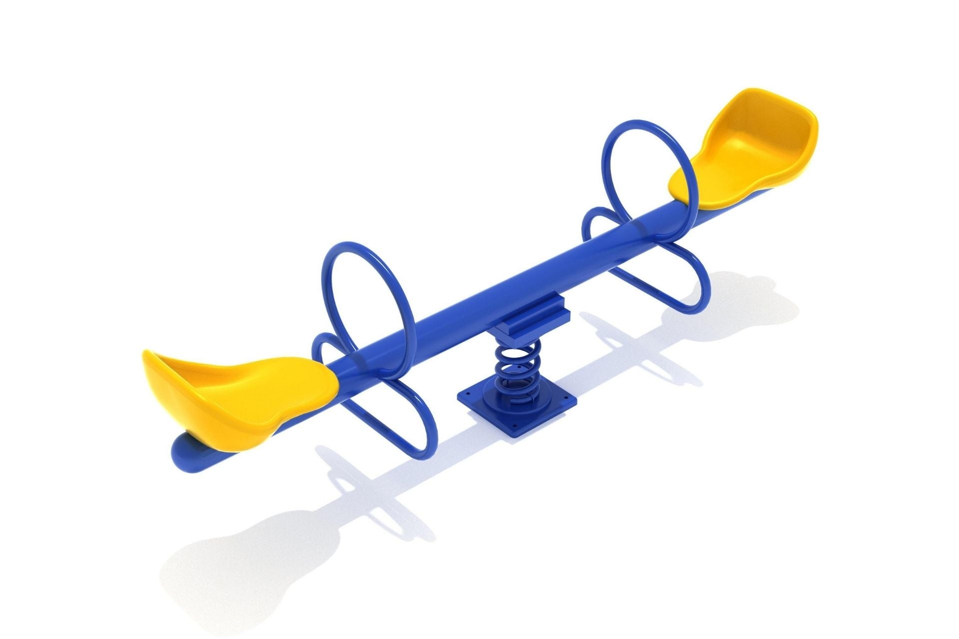RockWell Teeter Duo In-Ground Rider, blue steel in-ground seesaw with yellow molded seats and spring base